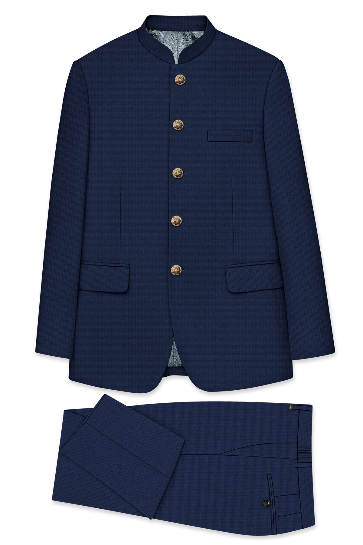 Regent-Ebony Blue Diamond Textured Wool Rich Slight Stretch Bandhgala Suit