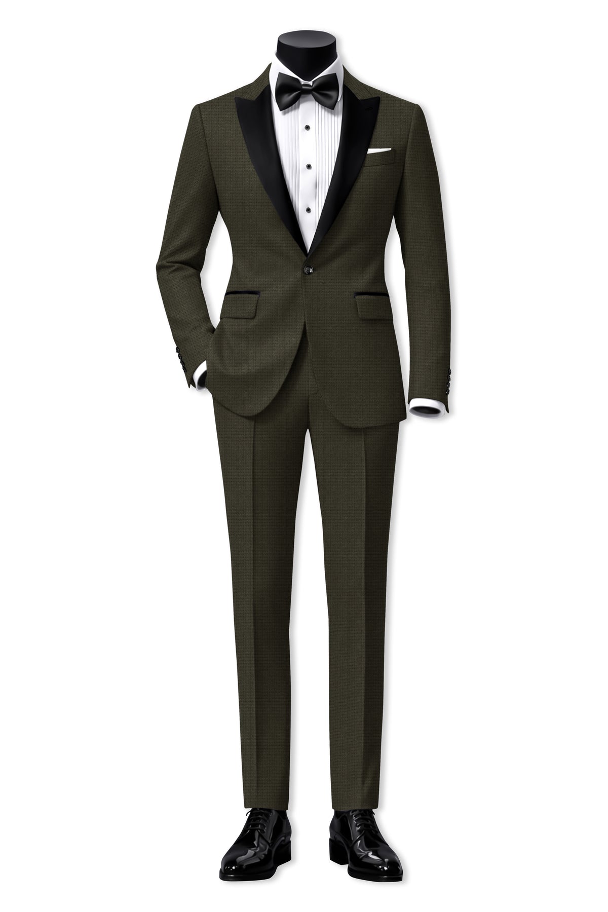 Prestige-Zeus Green Diamond Textured Wool Rich Slight Stretch Peak Lapel Tuxedo Suit