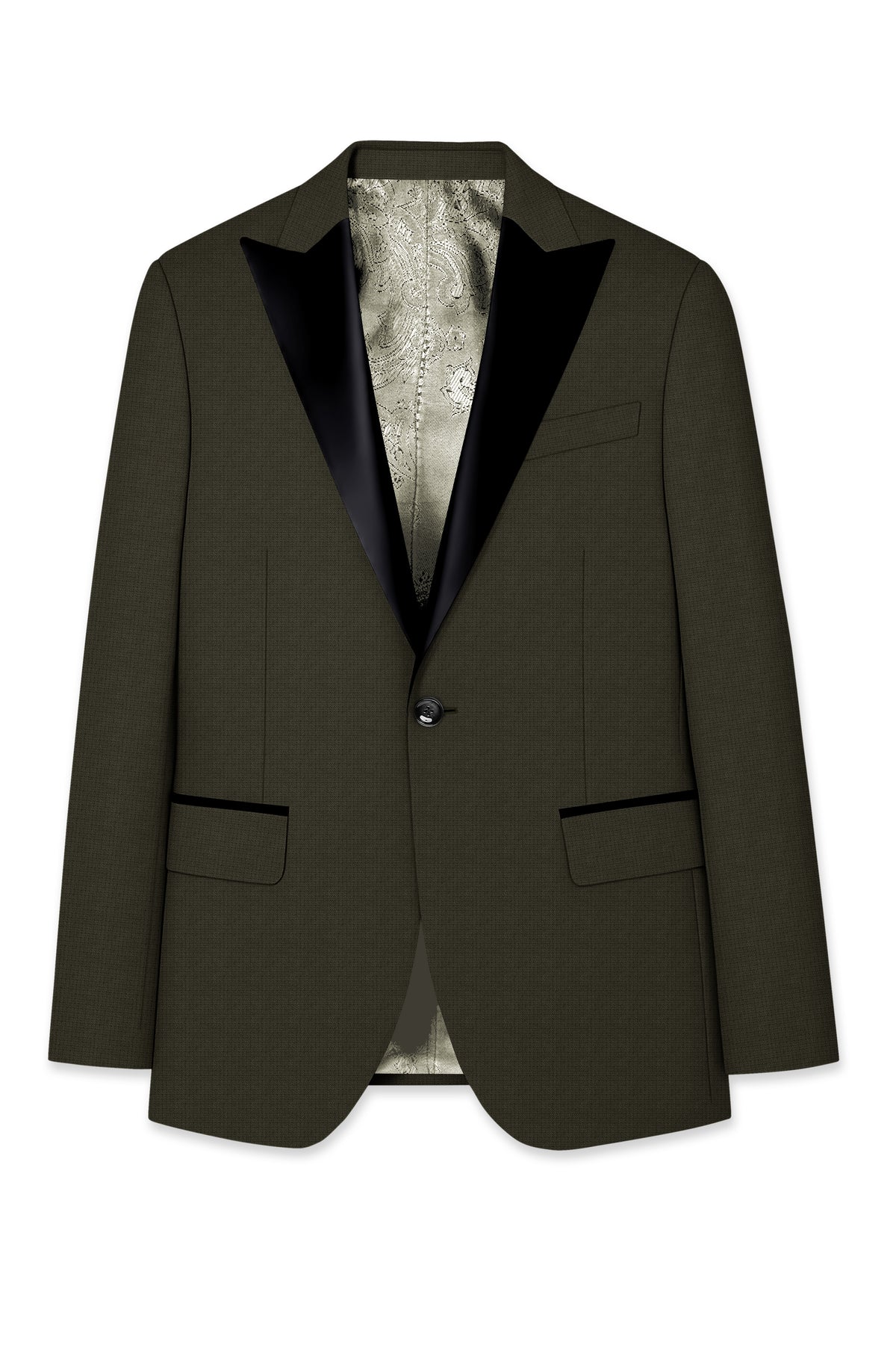 Prestige-Zeus Green Diamond Textured Wool Rich Slight Stretch Peak Lapel Tuxedo Suit