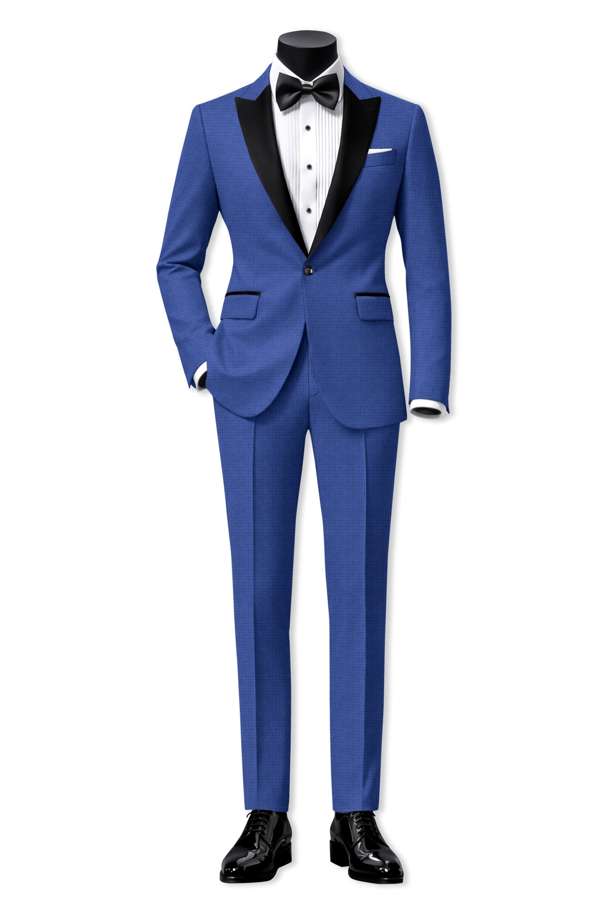 Aurelio-Chambray Blue Diamond Textured Wool Rich Slight Stretch Peak Lapel Tuxedo Suit