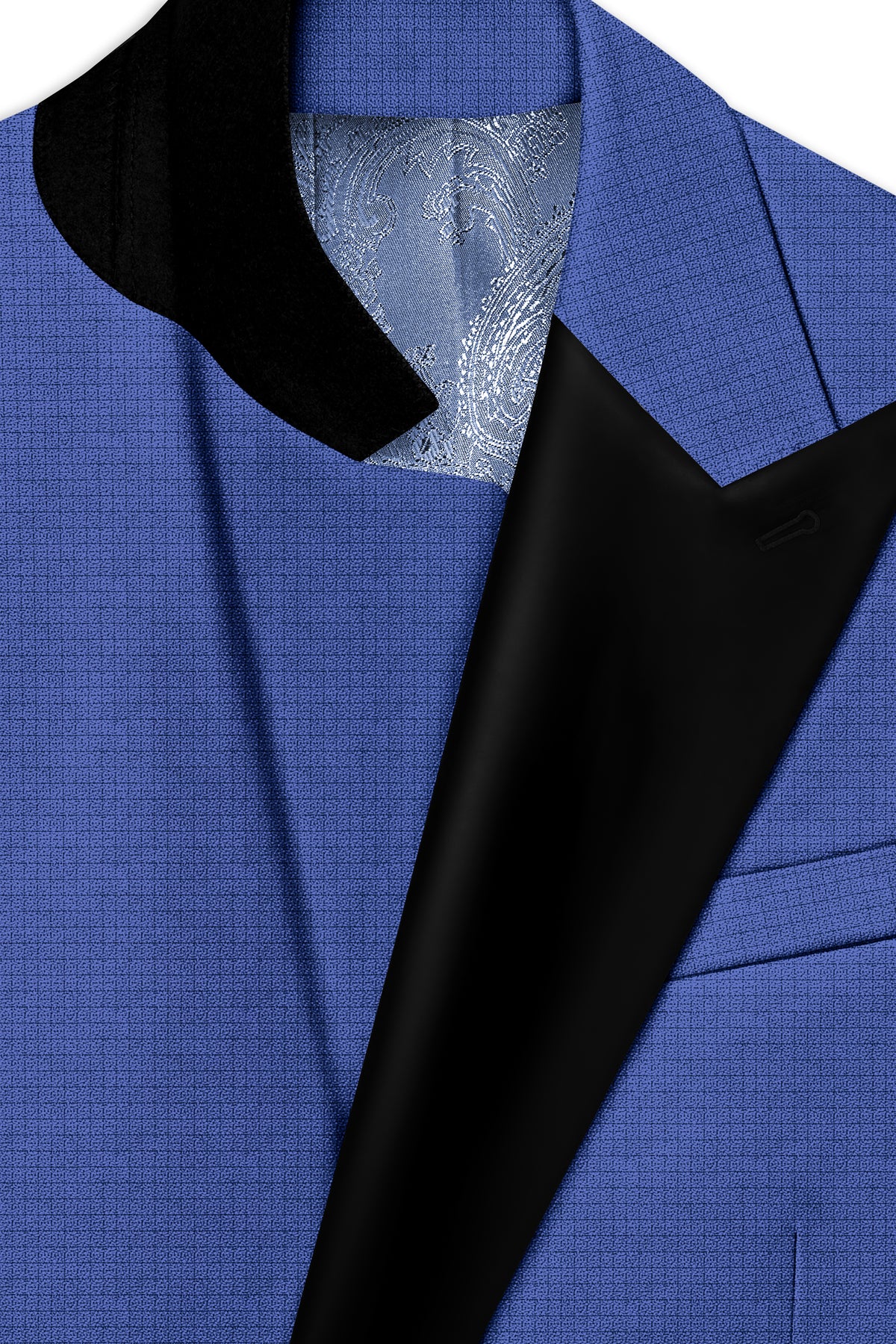 Aurelio-Chambray Blue Diamond Textured Wool Rich Slight Stretch Peak Lapel Tuxedo Suit