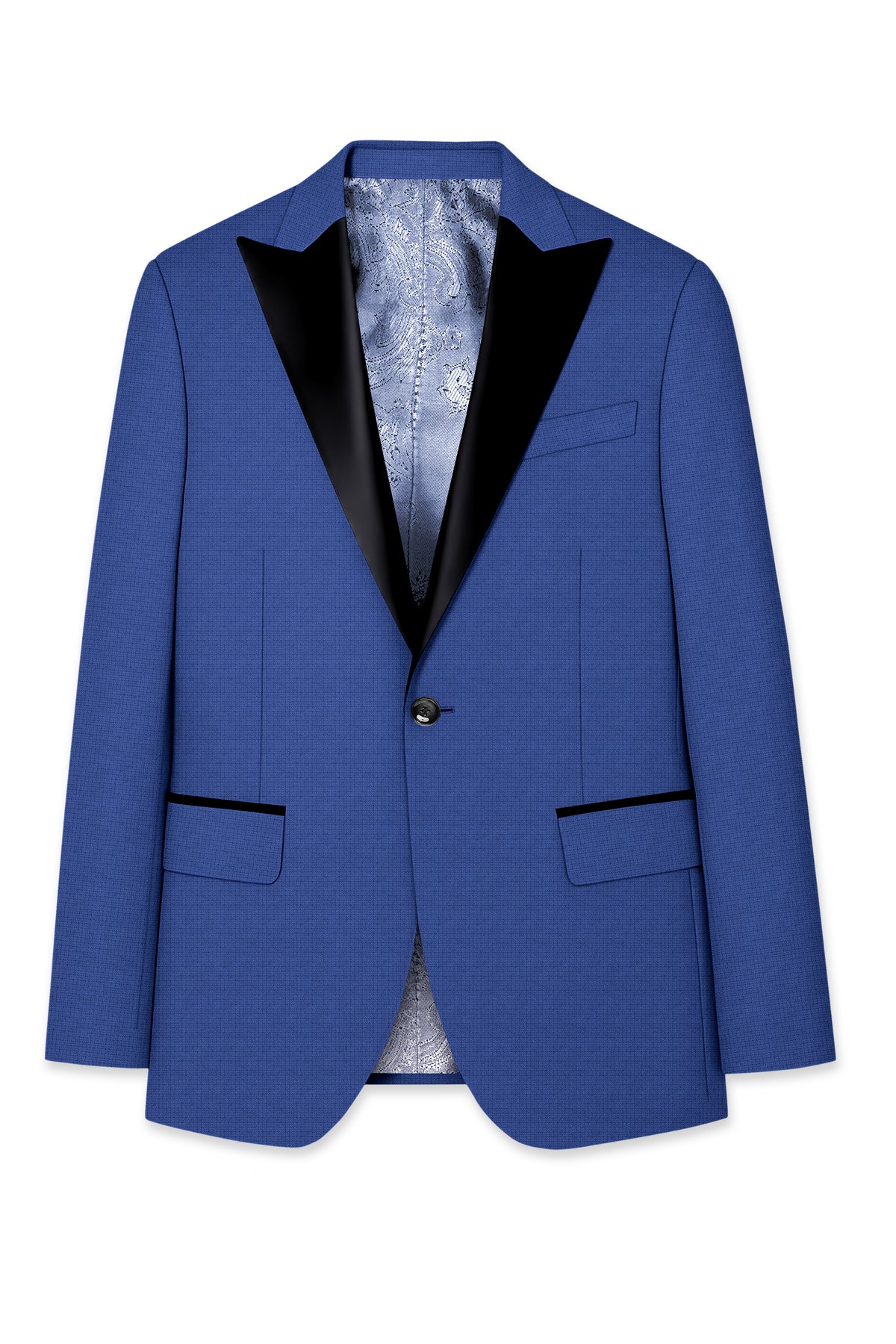 Aurelio-Chambray Blue Diamond Textured Wool Rich Slight Stretch Peak Lapel Tuxedo Suit