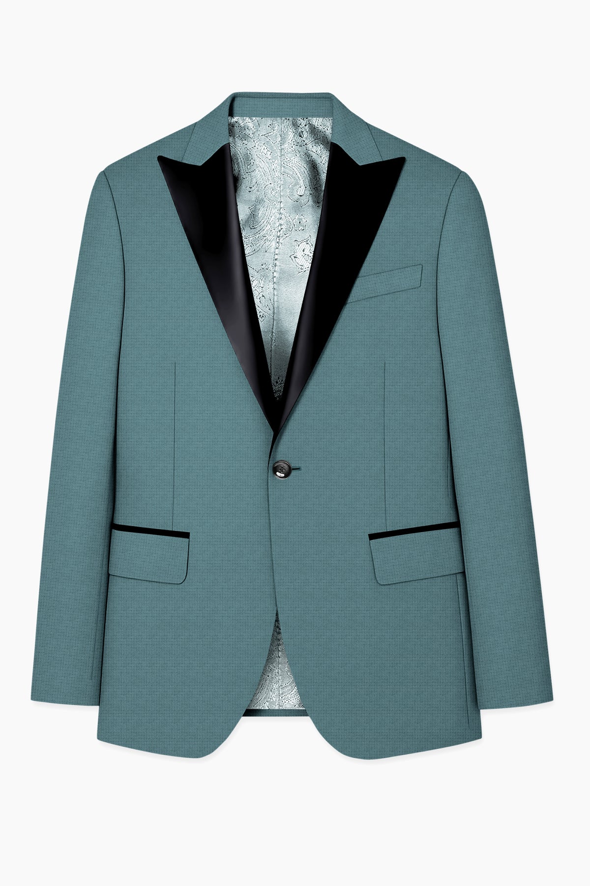 Viridian-Beetle Green Diamond Textured Wool Rich Slight Stretch Peak Lapel Tuxedo Suit