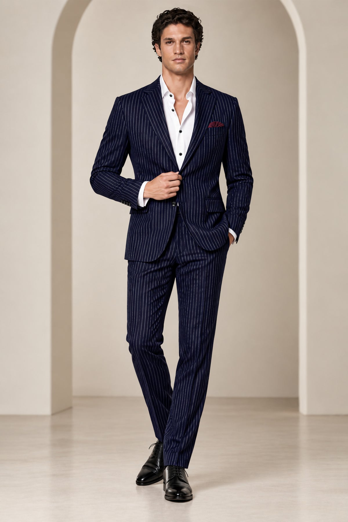 Mariner-Denim Blue And Bright White Chalk Striped Wool Rich Wrinkle-Free Fluid Drape Fabric Single Breasted Suit