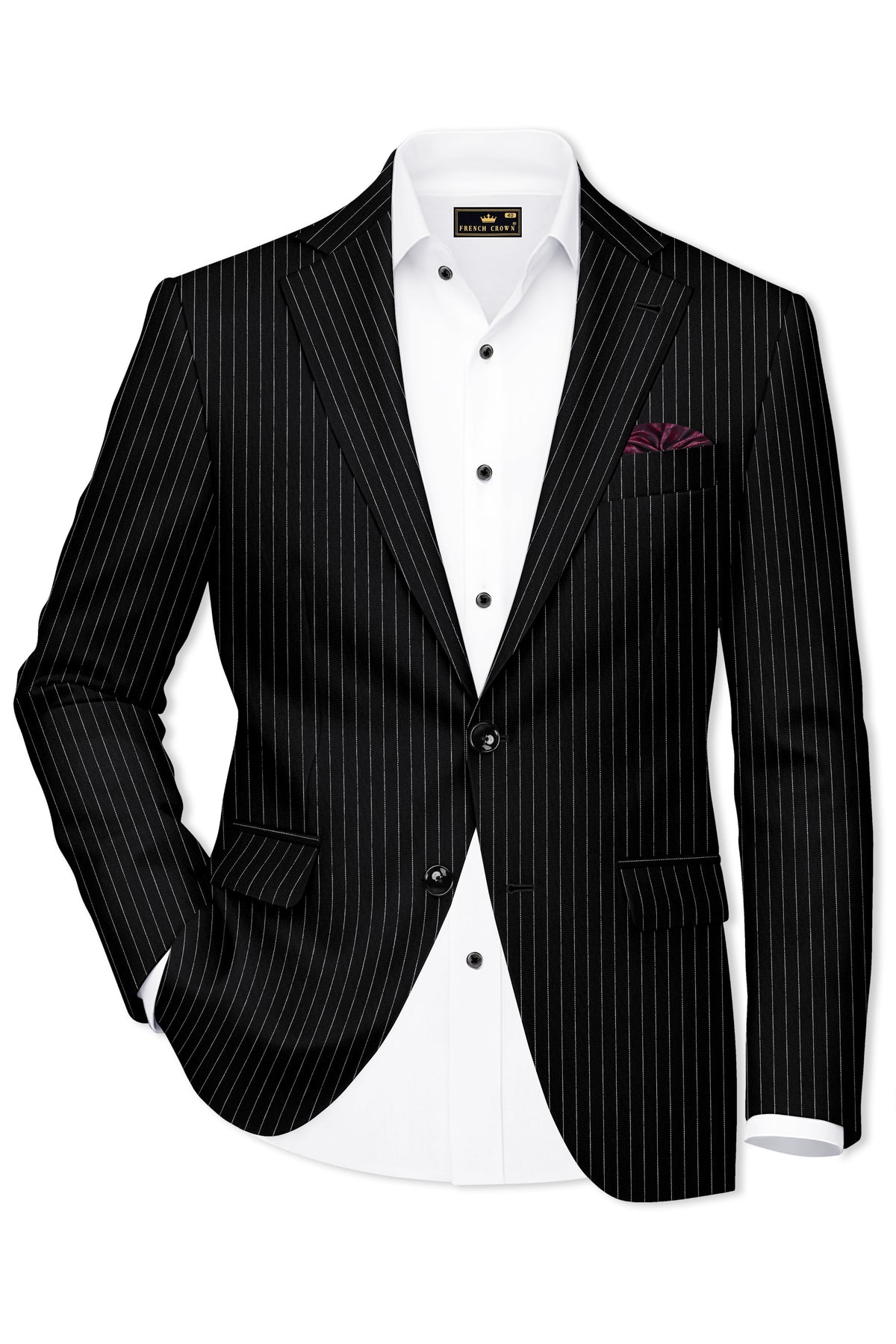 Gravitas-Jade Black And Bright White Chalk Striped Wool Rich Wrinkle-Free Fluid Drape Fabric Single Breasted Suit