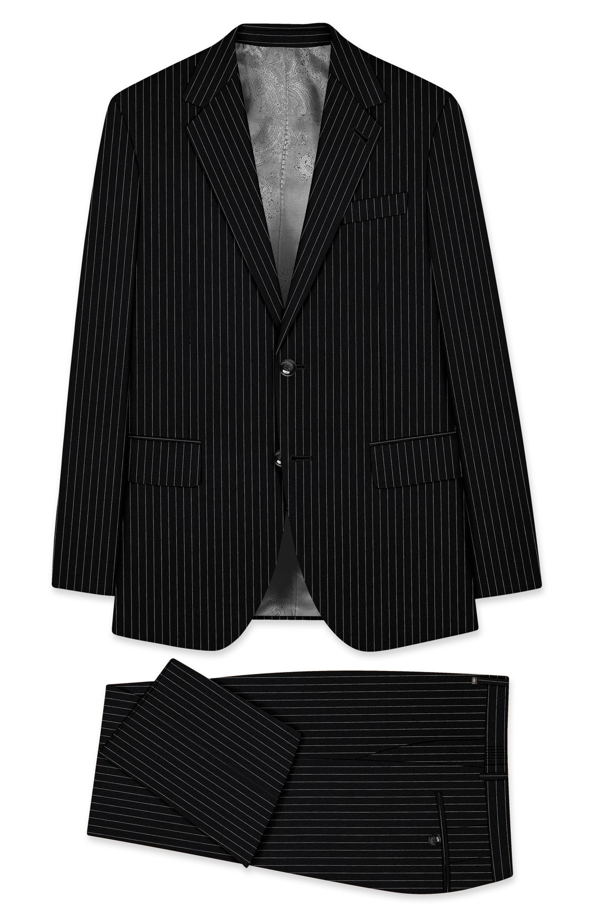 Gravitas-Jade Black And Bright White Chalk Striped Wool Rich Wrinkle-Free Fluid Drape Fabric Single Breasted Suit