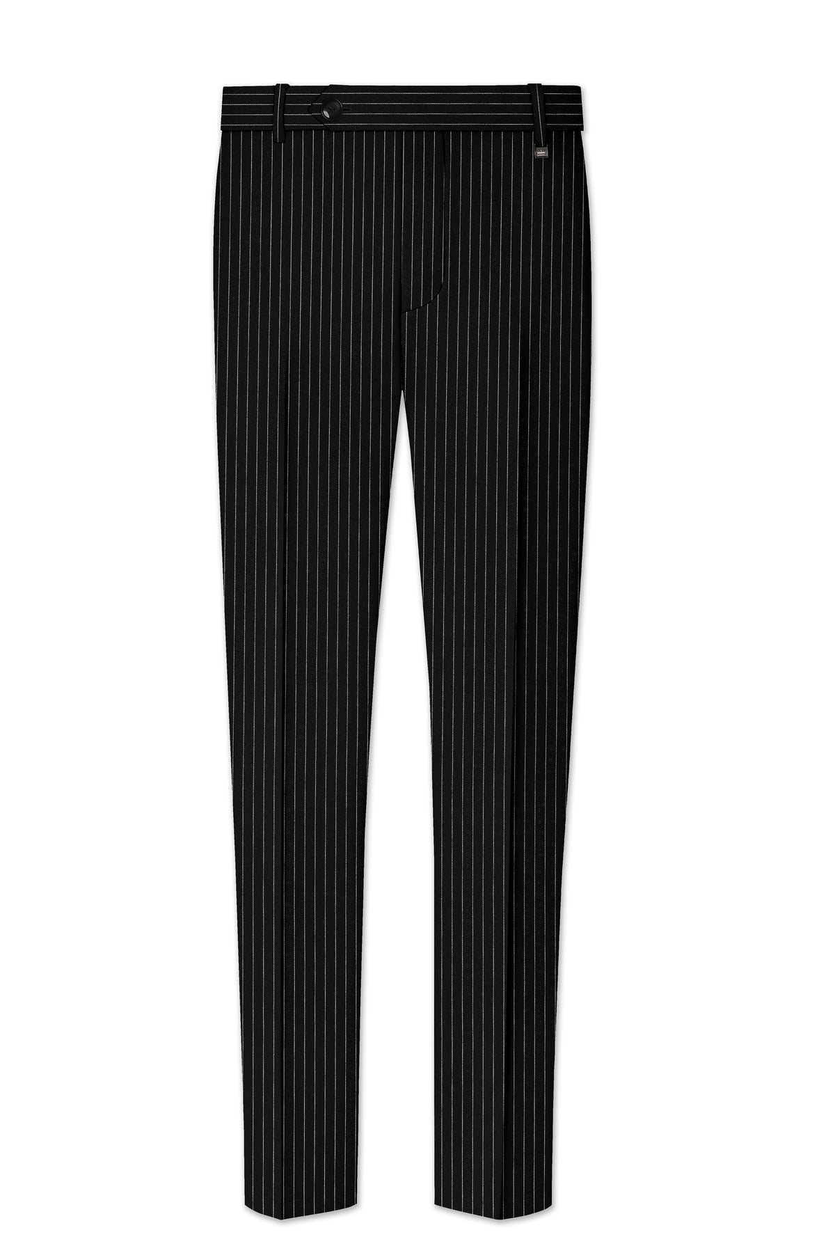 Gravitas-Jade Black And Bright White Chalk Striped Wool Rich Wrinkle-Free Fluid Drape Fabric Single Breasted Suit