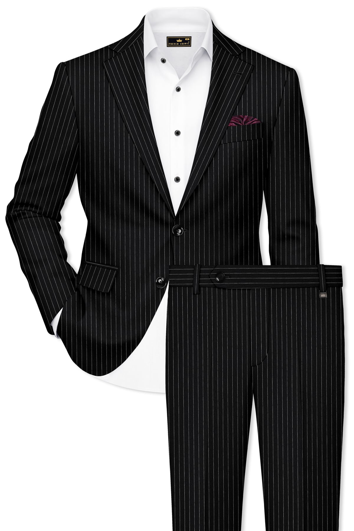 Gravitas-Jade Black And Bright White Chalk Striped Wool Rich Wrinkle-Free Fluid Drape Fabric Single Breasted Suit