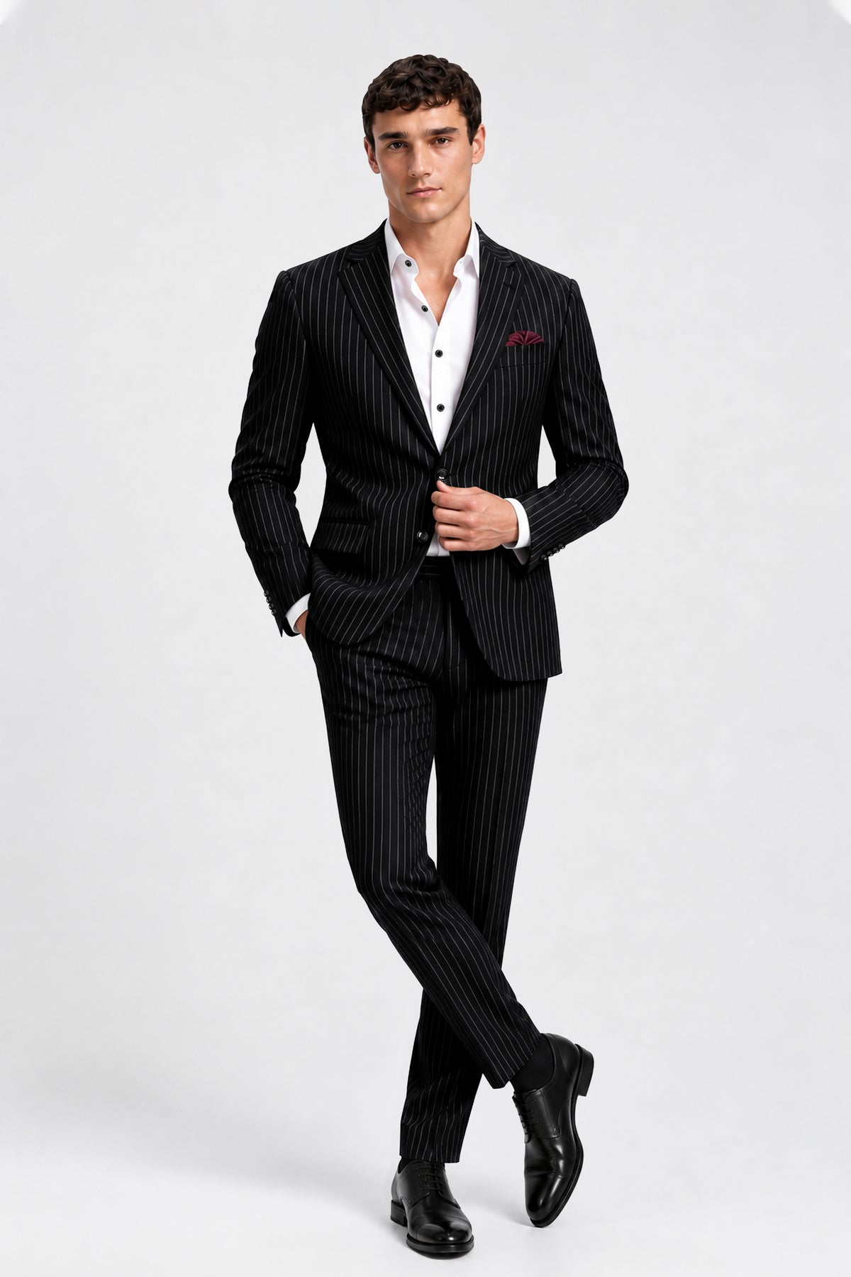 Gravitas-Jade Black And Bright White Chalk Striped Wool Rich Wrinkle-Free Fluid Drape Fabric Single Breasted Suit