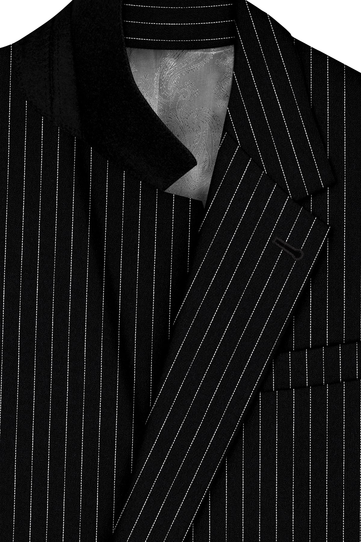 Gravitas-Jade Black And Bright White Chalk Striped Wool Rich Wrinkle-Free Fluid Drape Fabric Single Breasted Suit