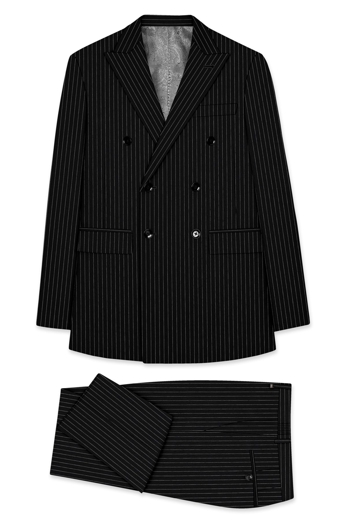 Gravitas-Jade Black And Bright White Chalk Striped Wool Rich Wrinkle-Free Fluid Drape Fabric Double Breasted Suit