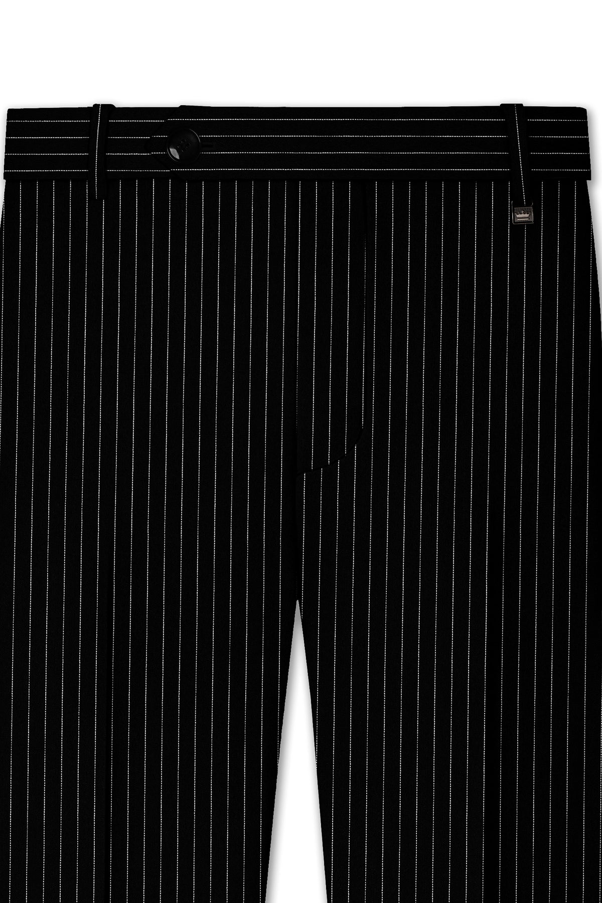 Gravitas-Jade Black And Bright White Chalk Striped Wool Rich Wrinkle-Free Fluid Drape Fabric Double Breasted Suit
