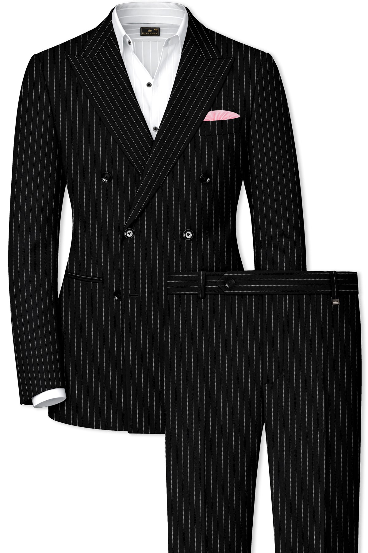 Gravitas-Jade Black And Bright White Chalk Striped Wool Rich Wrinkle-Free Fluid Drape Fabric Double Breasted Suit
