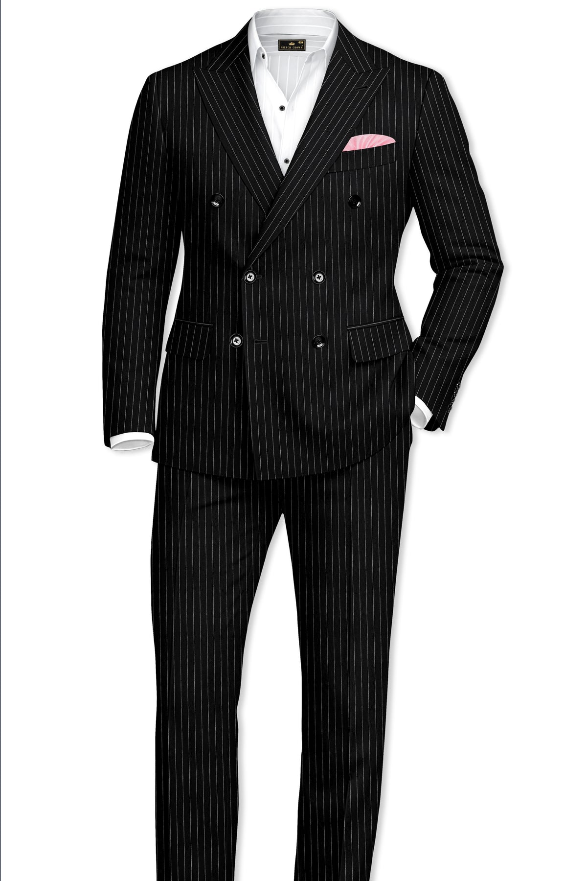 Gravitas-Jade Black And Bright White Chalk Striped Wool Rich Wrinkle-Free Fluid Drape Fabric Double Breasted Suit