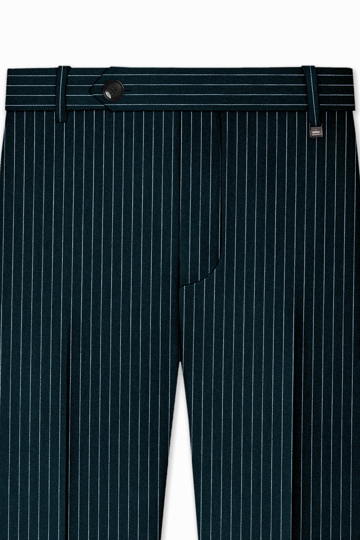 Zenith-Imperial Teal And Bright White Chalk Striped Wool Rich Wrinkle-Free Fluid Drape Fabric Double Breasted Suit