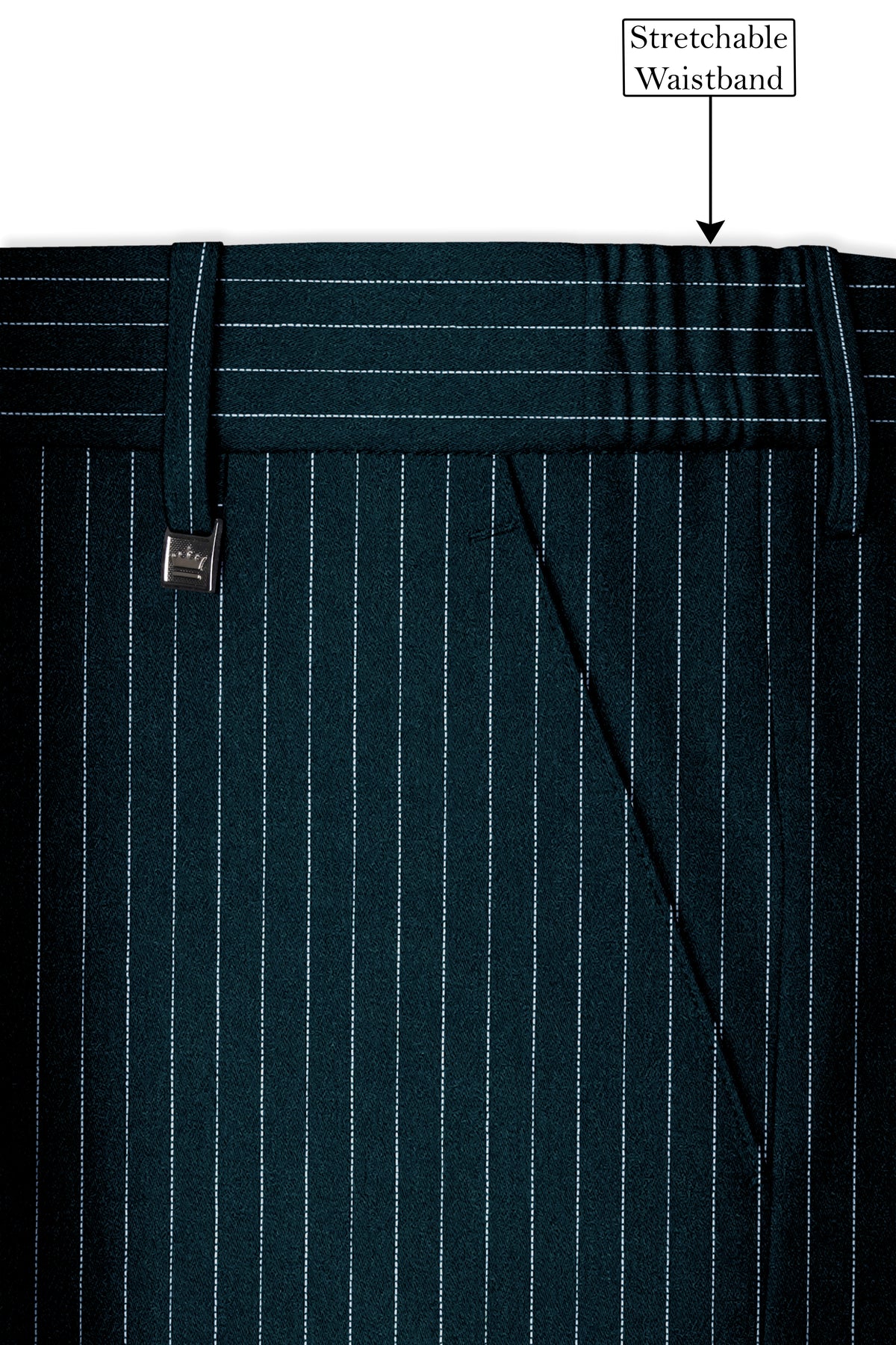 Zenith-Imperial Teal And Bright White Chalk Striped Wool Rich Wrinkle-Free Fluid Drape Fabric Double Breasted Suit