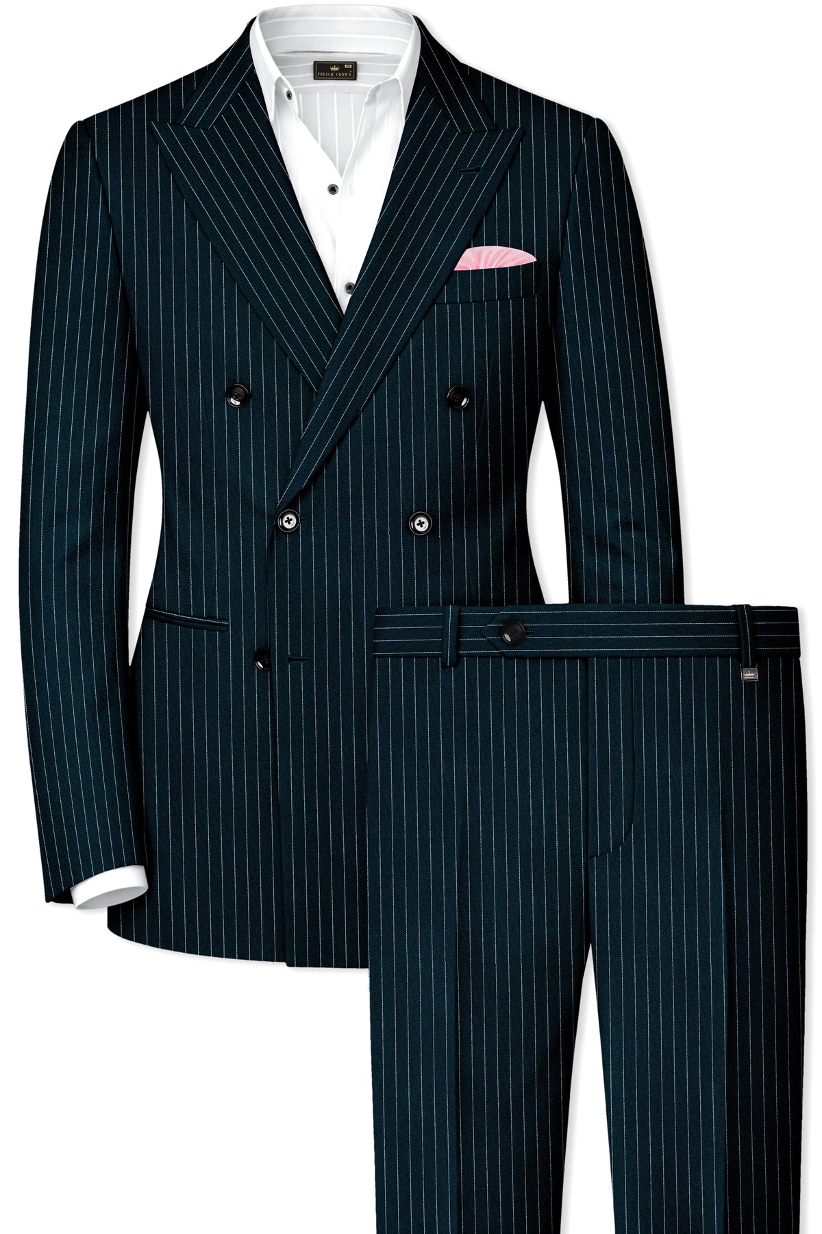Zenith-Imperial Teal And Bright White Chalk Striped Wool Rich Wrinkle-Free Fluid Drape Fabric Double Breasted Suit