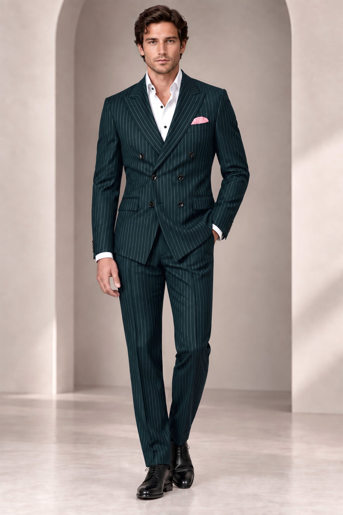 Zenith-Imperial Teal And Bright White Chalk Striped Wool Rich Wrinkle-Free Fluid Drape Fabric Double Breasted Suit