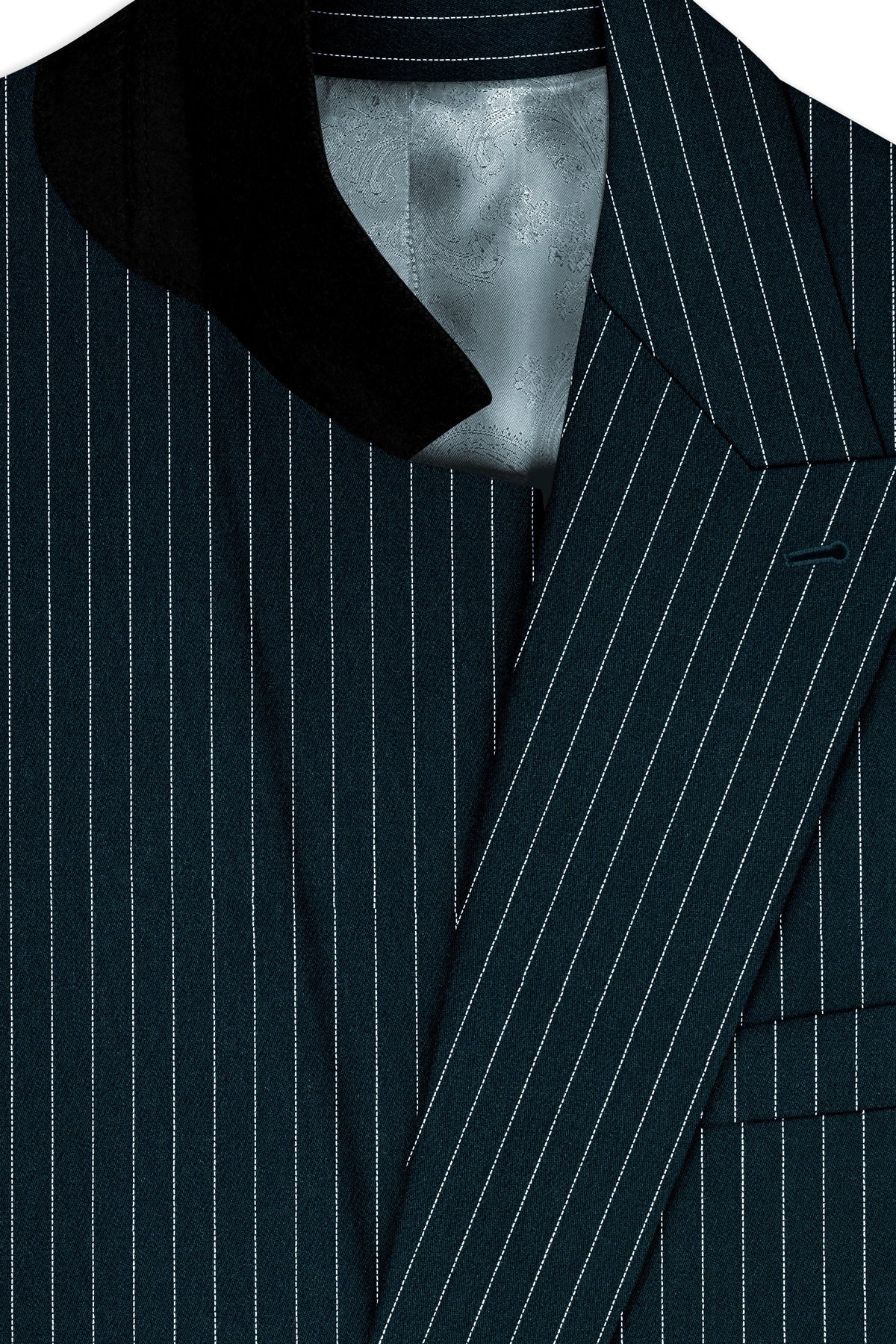 Zenith-Imperial Teal And Bright White Chalk Striped Wool Rich Wrinkle-Free Fluid Drape Fabric Double Breasted Suit