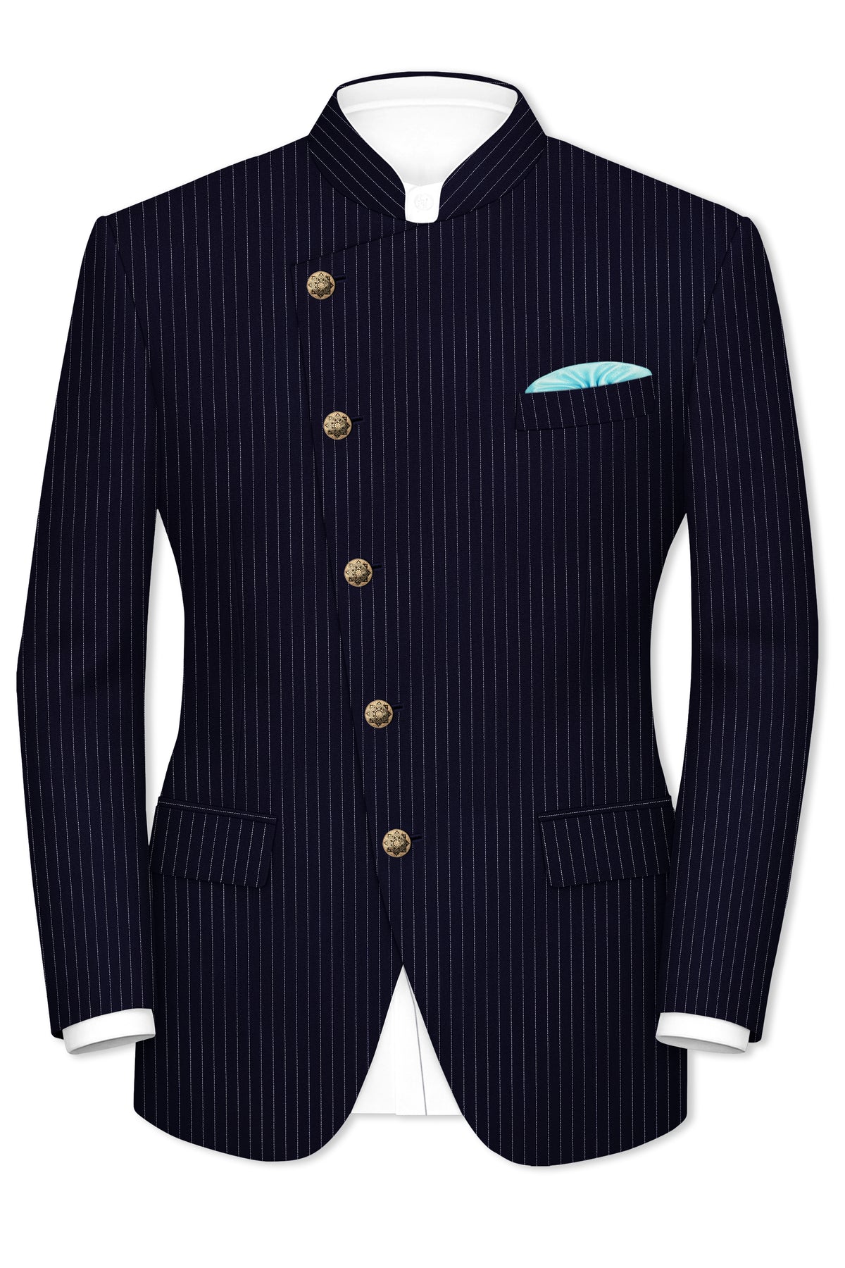 Mariner-Denim Blue And Bright White Chalk Striped Wool Rich Wrinkle-Free Fluid Drape Fabric Cross Placket Bandhgala Suit
