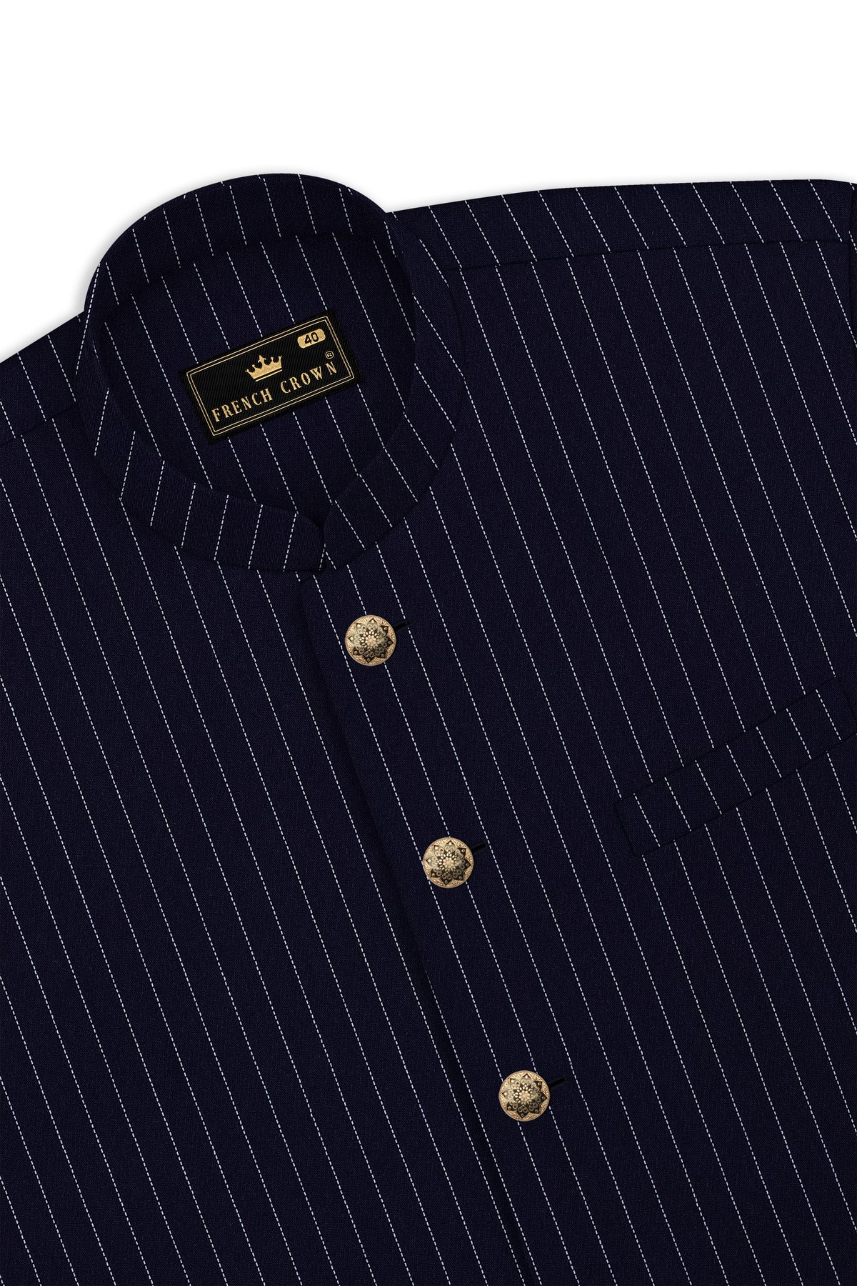 Mariner-Denim Blue And Bright White Chalk Striped Wool Rich Wrinkle-Free Fluid Drape Fabric Cross Placket Bandhgala Suit