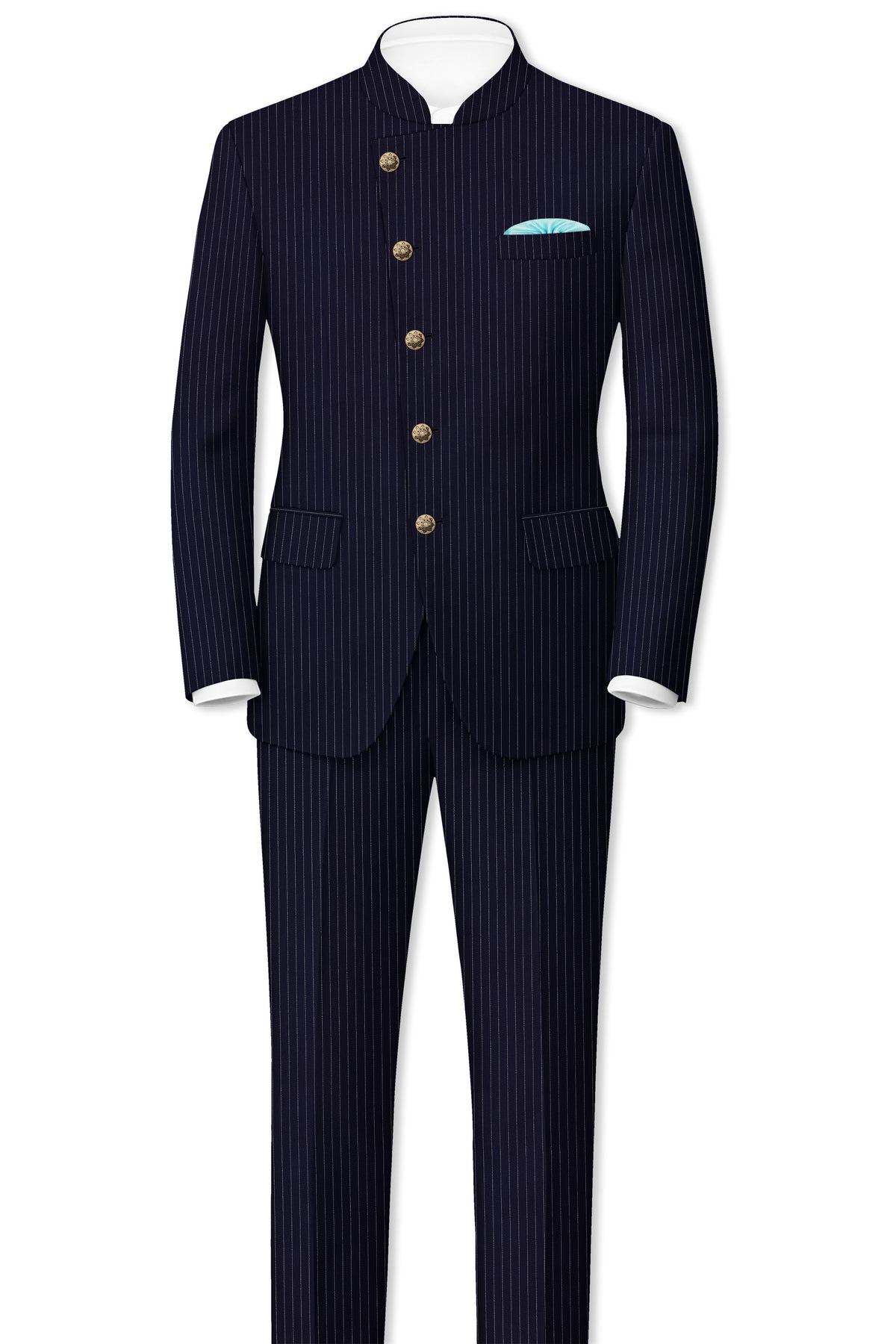 Mariner-Denim Blue And Bright White Chalk Striped Wool Rich Wrinkle-Free Fluid Drape Fabric Cross Placket Bandhgala Suit