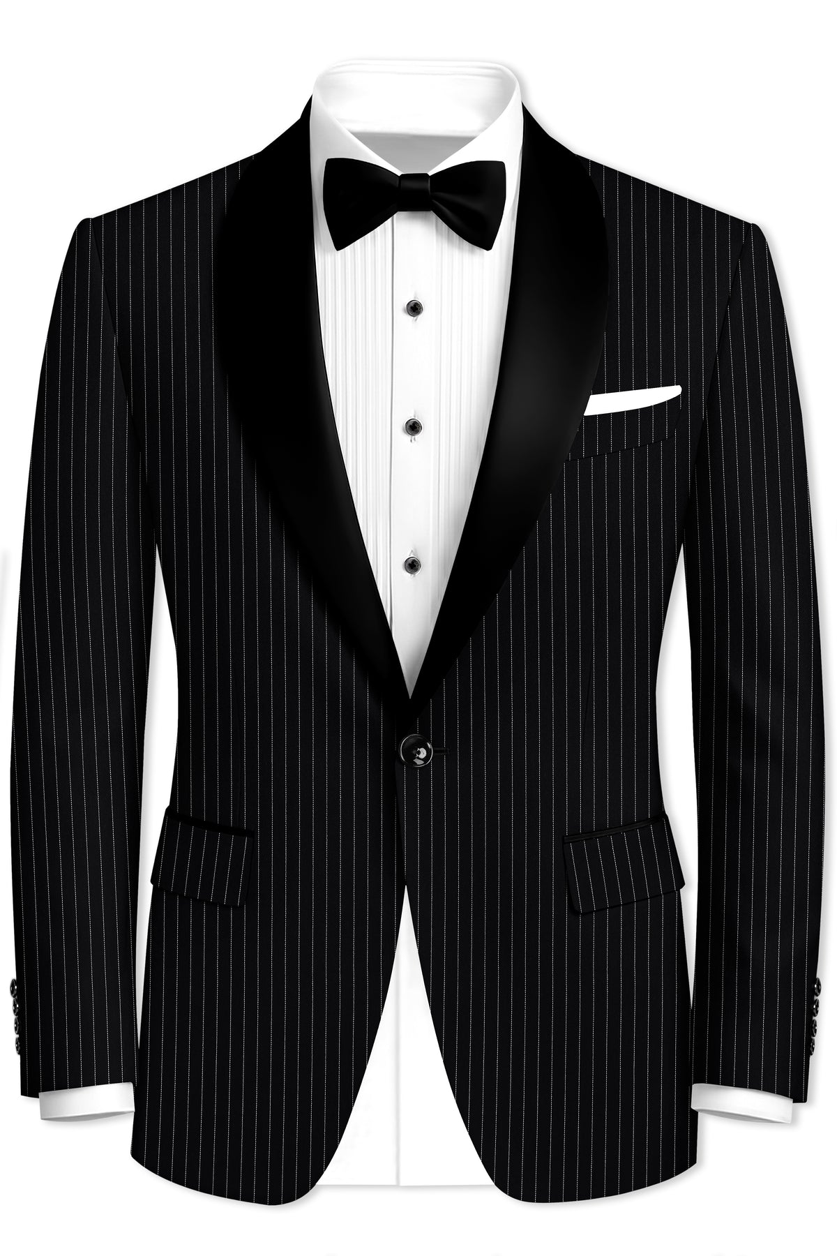 Gravitas-Jade Black And Bright White Chalk Striped Wool Rich Wrinkle-Free Fluid Drape Fabric Tuxedo Suit