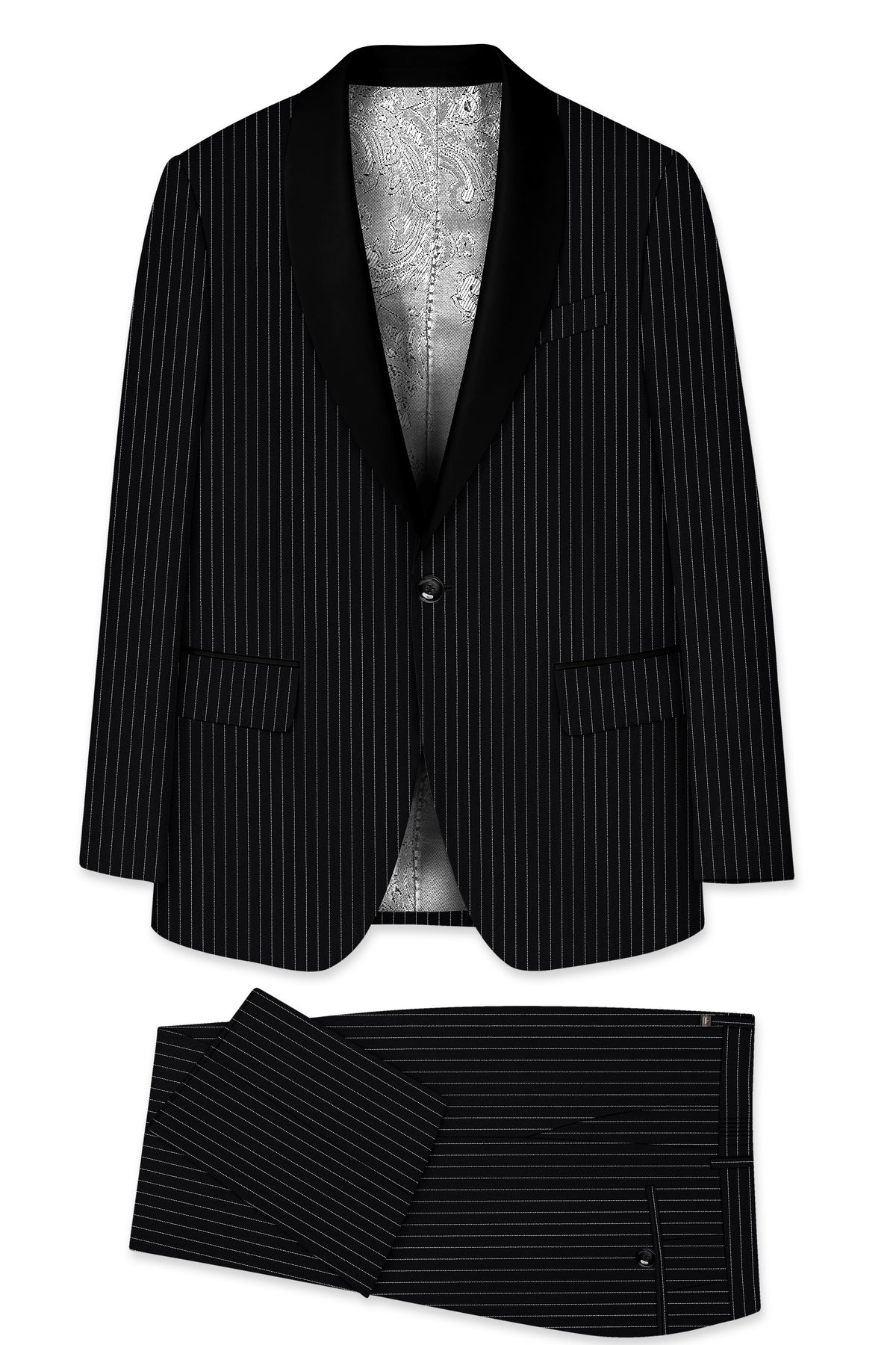 Gravitas-Jade Black And Bright White Chalk Striped Wool Rich Wrinkle-Free Fluid Drape Fabric Tuxedo Suit