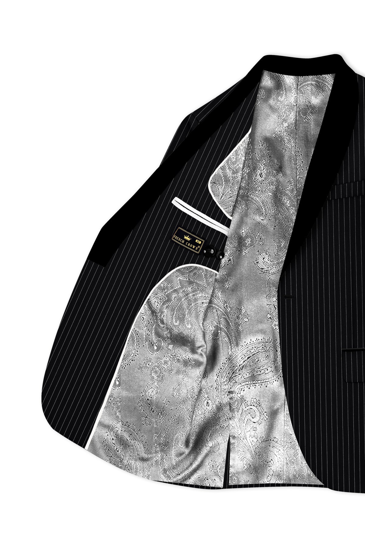 Gravitas-Jade Black And Bright White Chalk Striped Wool Rich Wrinkle-Free Fluid Drape Fabric Tuxedo Suit