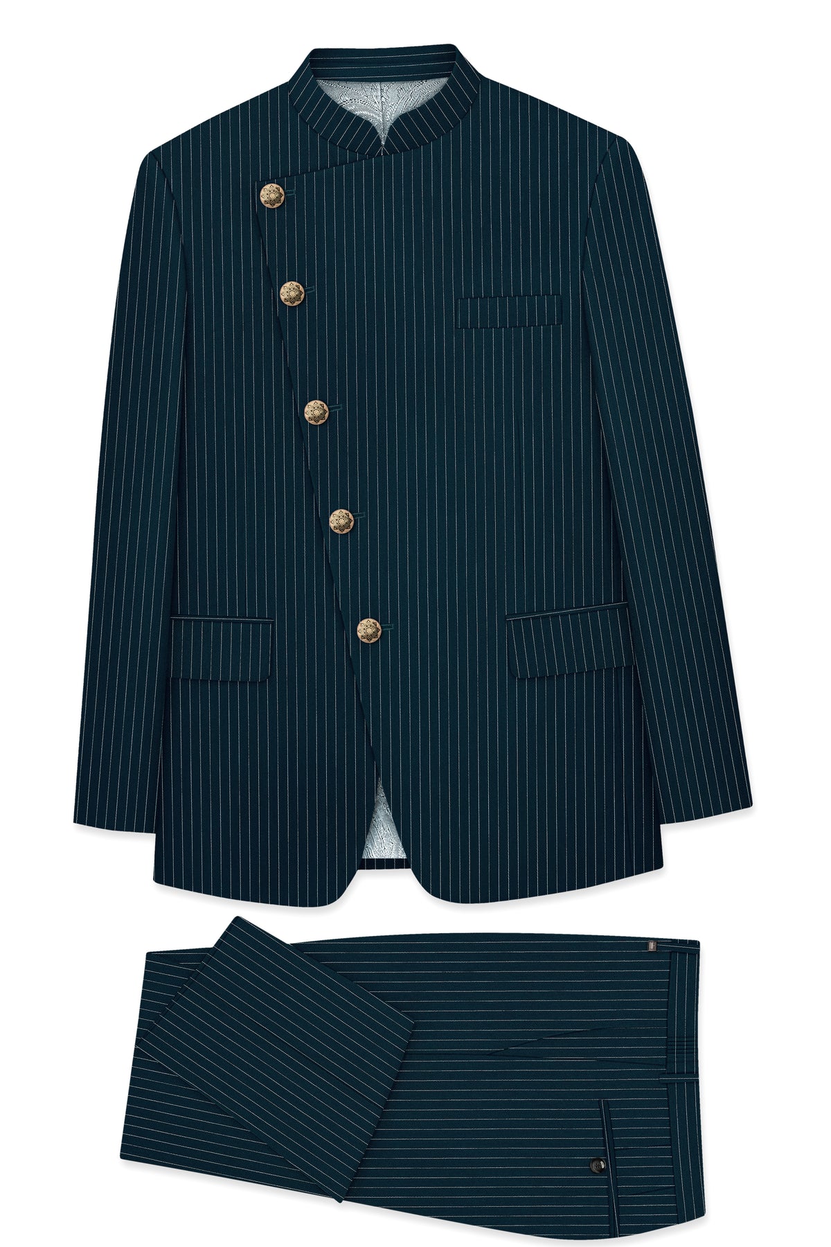 Zenith-Imperial Teal And Bright White Chalk Striped Wool Rich Wrinkle-Free Fluid Drape Fabric Cross Placket Bandhgala Suit