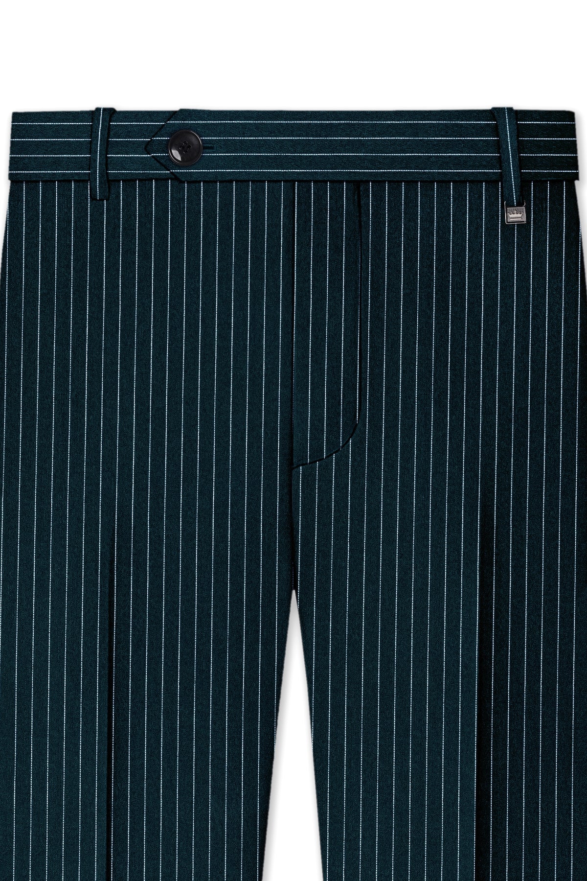 Zenith-Imperial Teal And Bright White Chalk Striped Wool Rich Wrinkle-Free Fluid Drape Fabric Cross Placket Bandhgala Suit