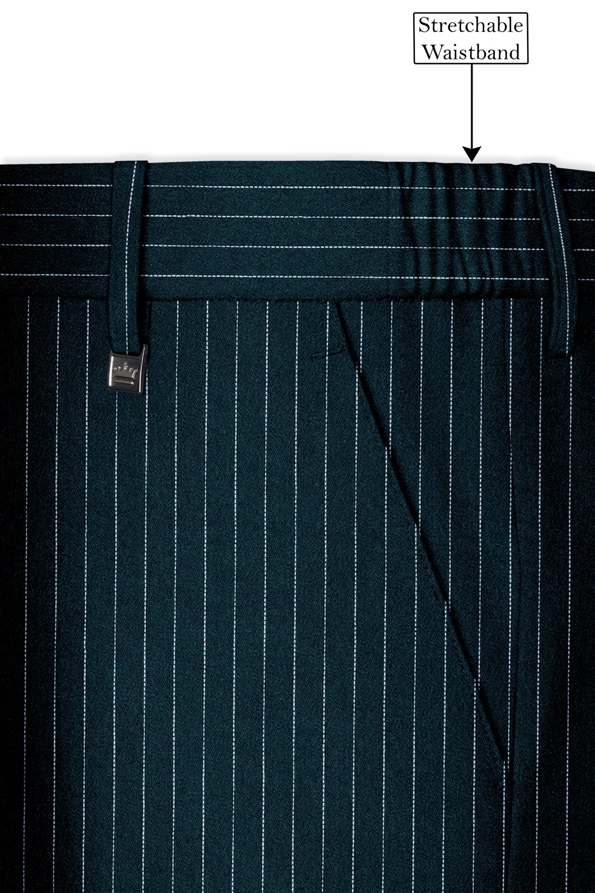 Zenith-Imperial Teal And Bright White Chalk Striped Wool Rich Wrinkle-Free Fluid Drape Fabric Cross Placket Bandhgala Suit