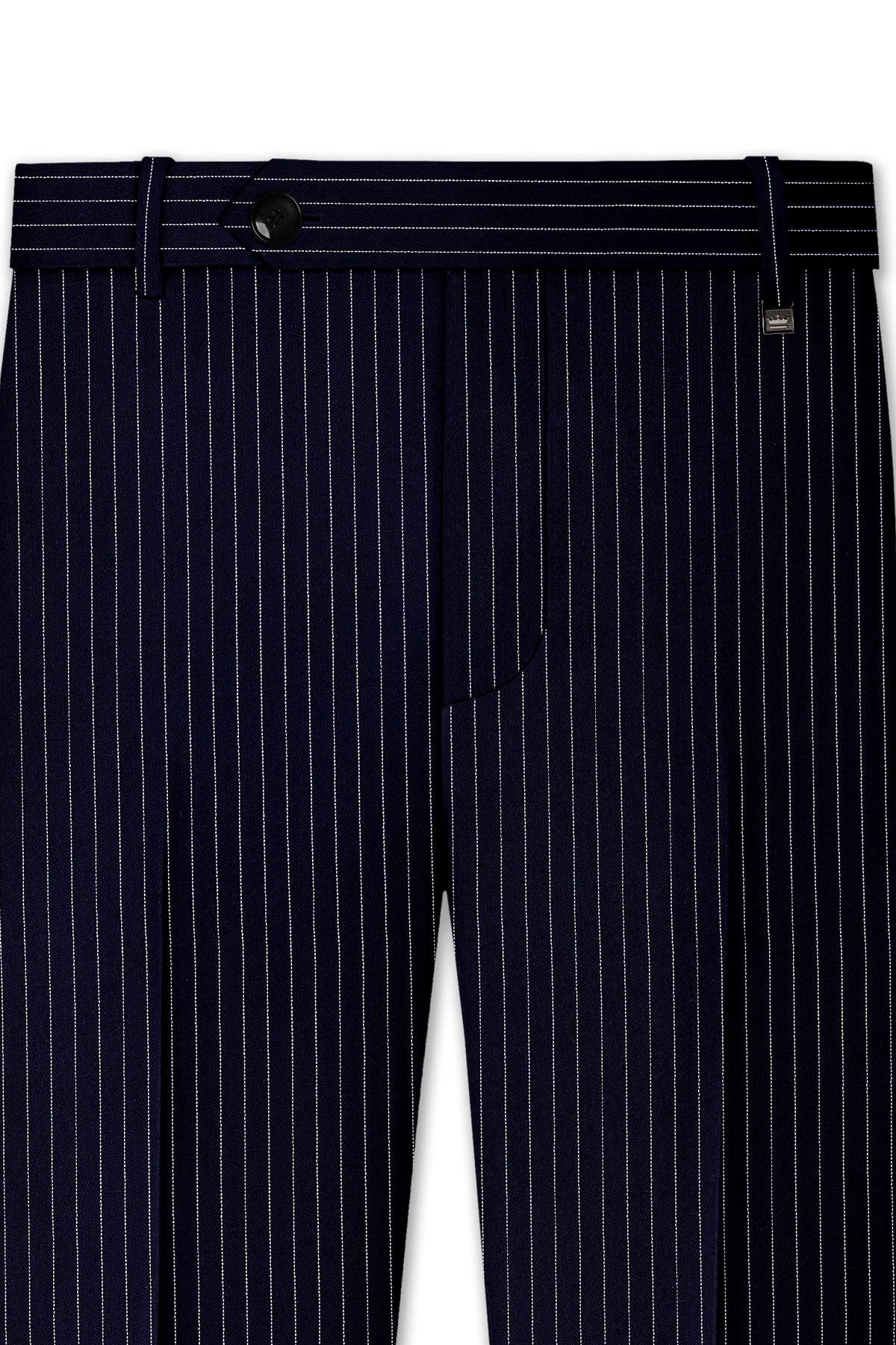 Mariner-Denim Blue And Bright White Chalk Striped Wool Rich Wrinkle-Free Fluid Drape Fabric Peak Lapel Tuxedo Suit