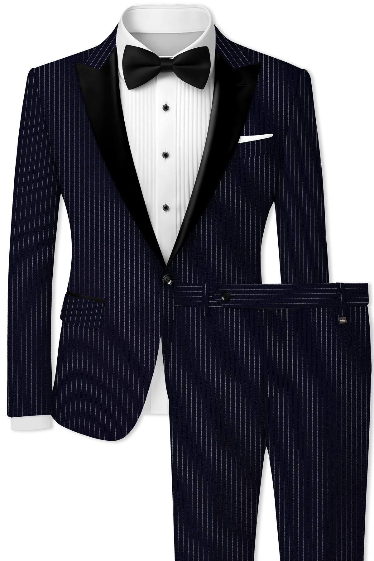 Mariner-Denim Blue And Bright White Chalk Striped Wool Rich Wrinkle-Free Fluid Drape Fabric Peak Lapel Tuxedo Suit