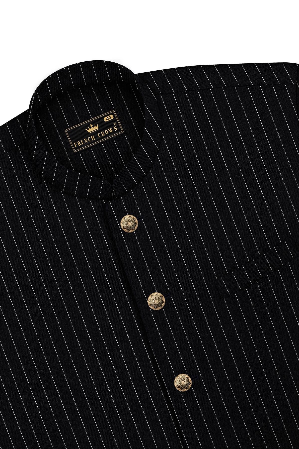 Gravitas-Jade Black And Bright White Chalk Striped Wool Rich Wrinkle-Free Fluid Drape Fabric Bandhgala Suit
