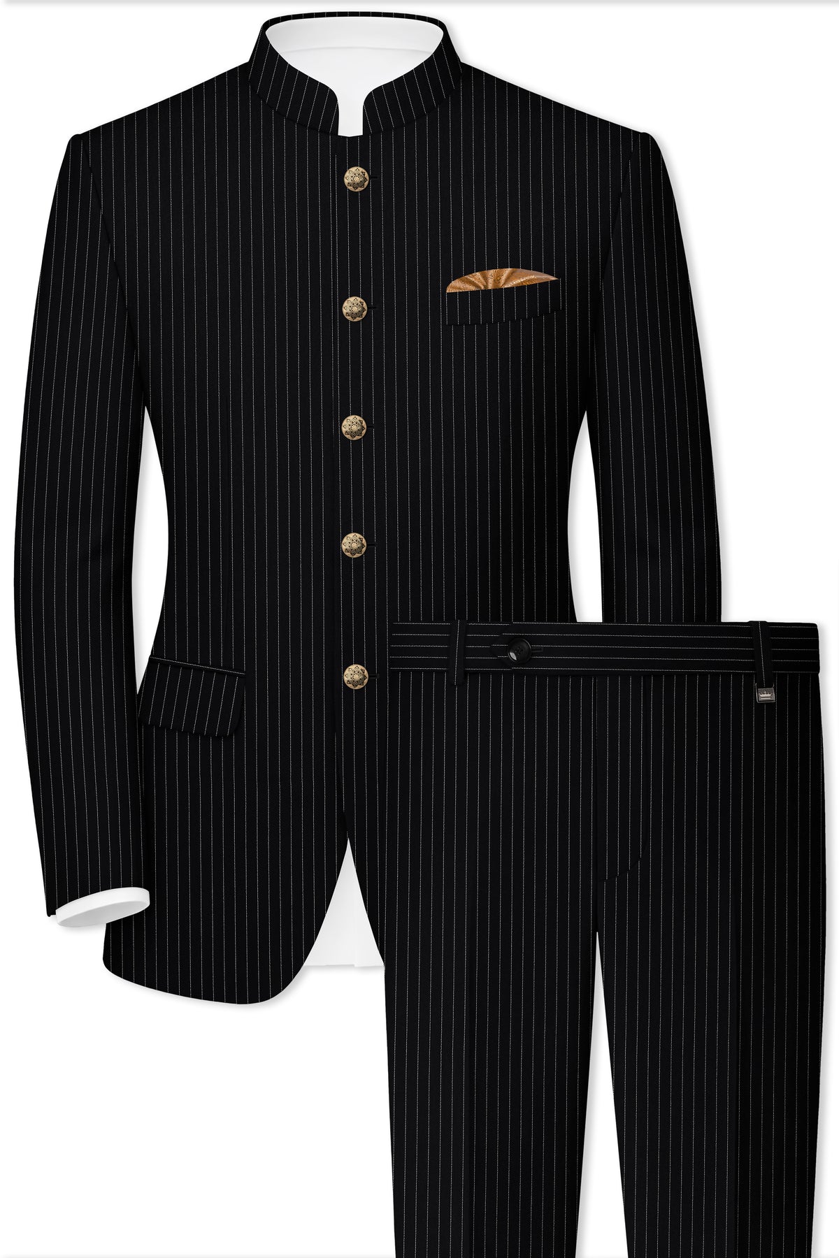 Gravitas-Jade Black And Bright White Chalk Striped Wool Rich Wrinkle-Free Fluid Drape Fabric Bandhgala Suit
