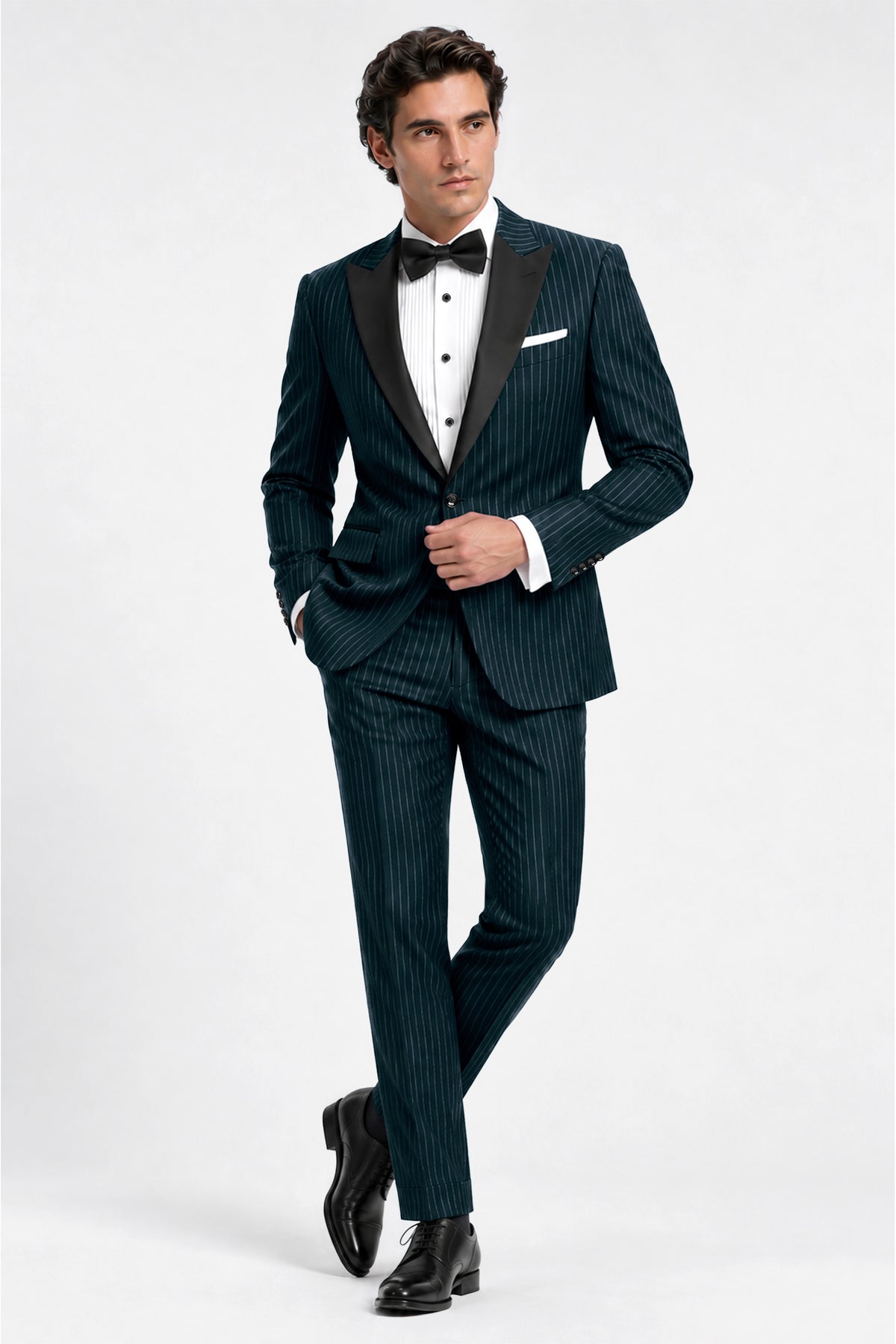 Zenith-Imperial Teal And Bright White Chalk Striped Wool Rich Wrinkle-Free Fluid Drape Fabric Peak Lapel Tuxedo Suit