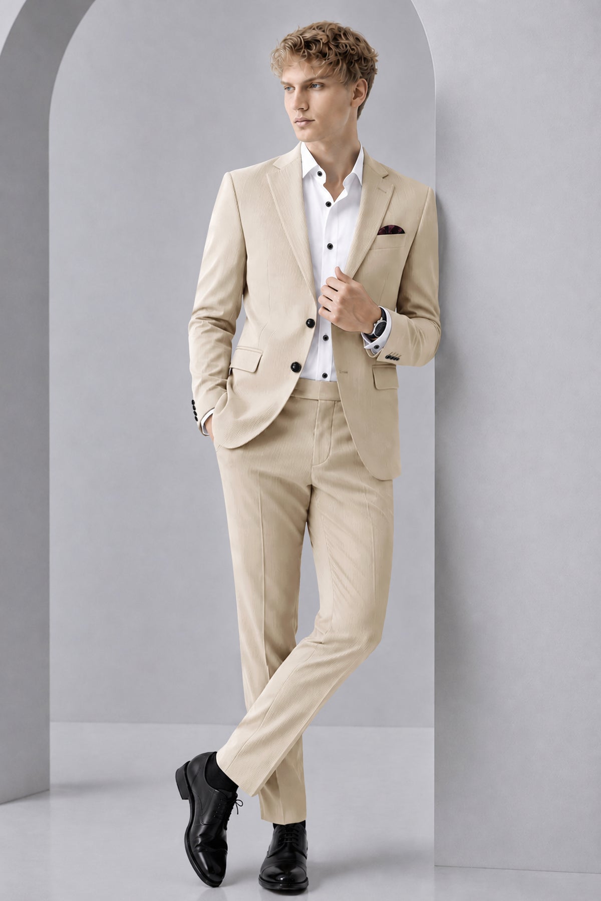 Ivoria-Vanilla Cream Diamond Textured Wool Rich Slight Stretch Single Breasted Suit