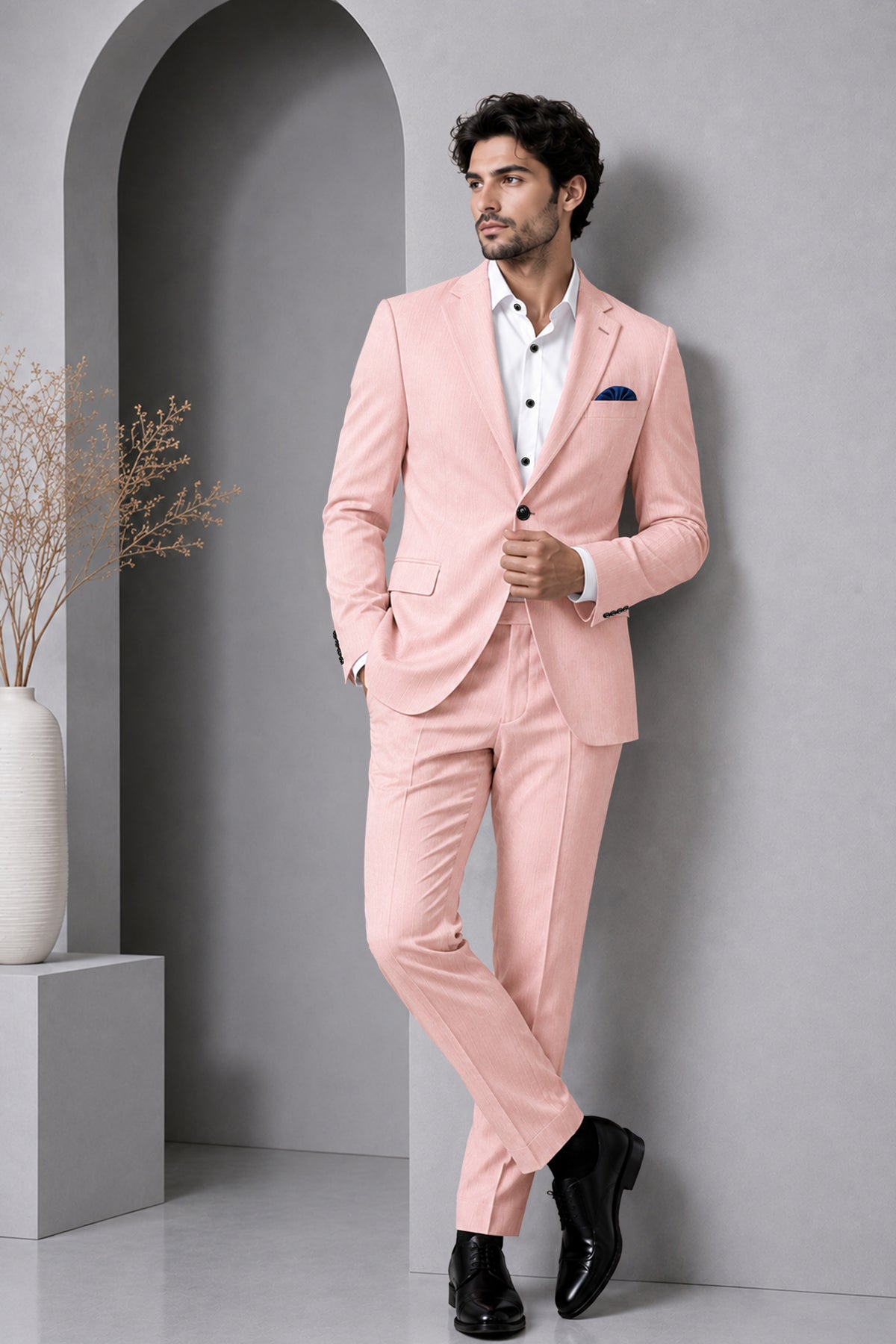 Elara-Cosmos Pink Diamond Textured Wool Rich Slight Stretch Single Breasted Suit