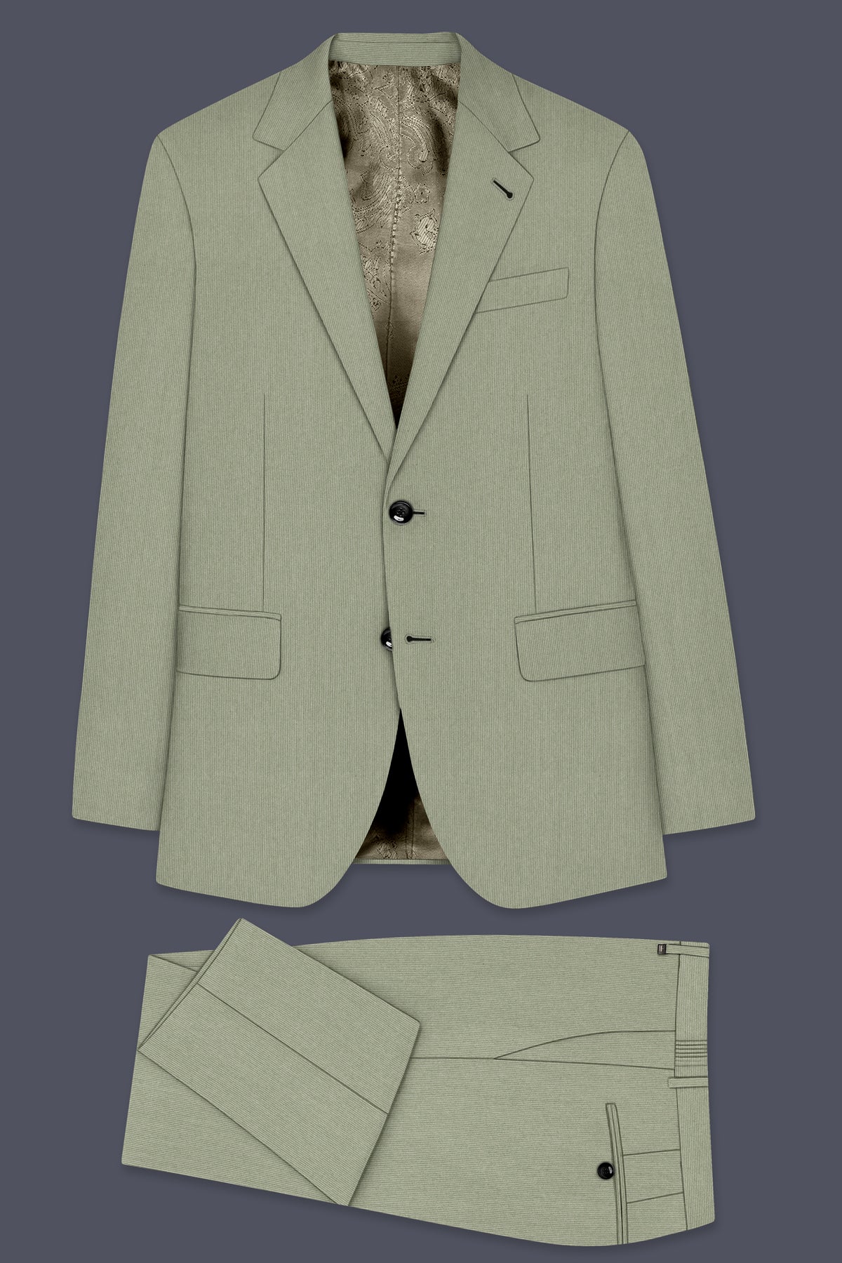 Elysian-Sage Green Diamond Textured Wool Rich Slight Stretch Single Breasted Suit