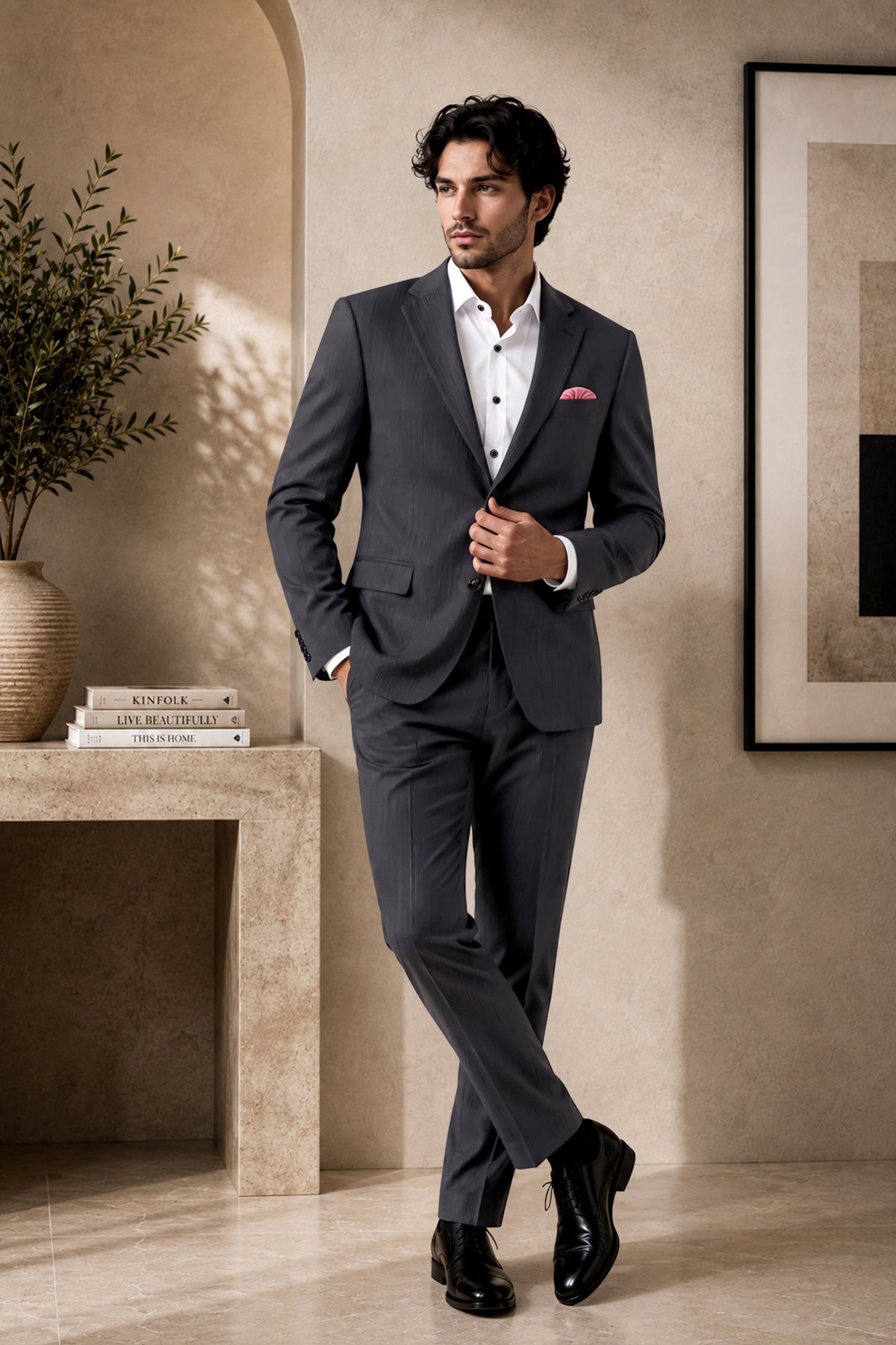 Axton-Baltic Sea Gray Diamond Textured Wool Rich Slight Stretch Single Breasted Suit