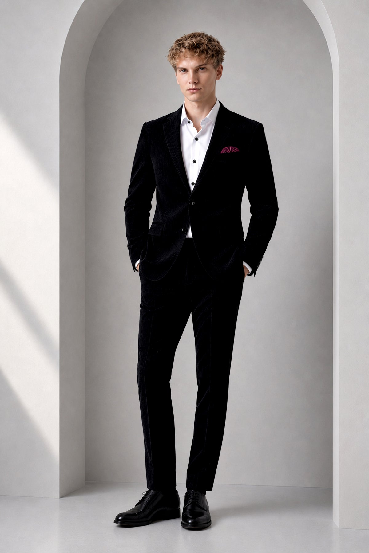 Onyx-Jade Black Diamond Textured Wool Rich Slight Stretch Single Breasted Suit