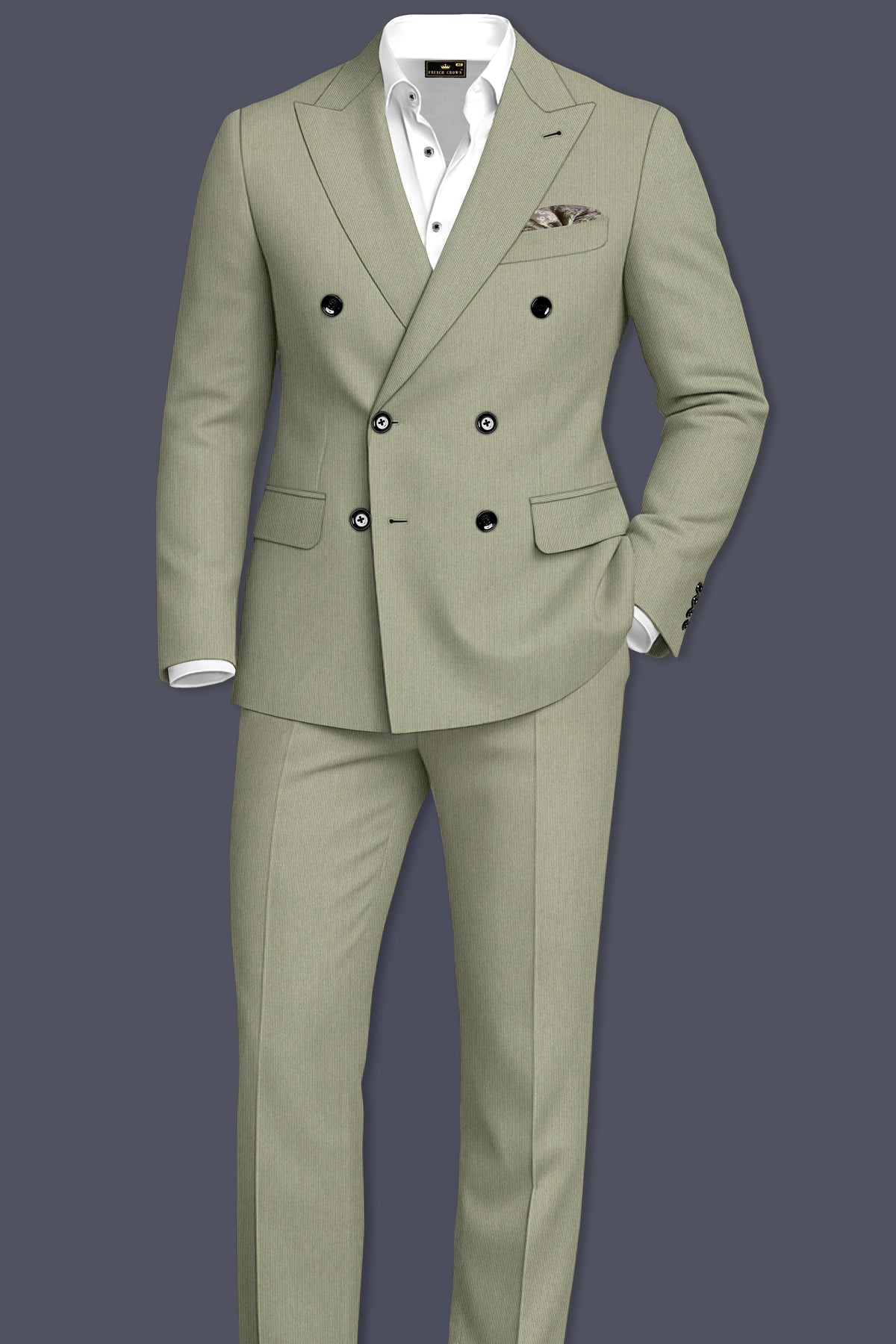 Elysian-Sage Green Diamond Textured Wool Rich Slight Stretch Double Breasted Suit