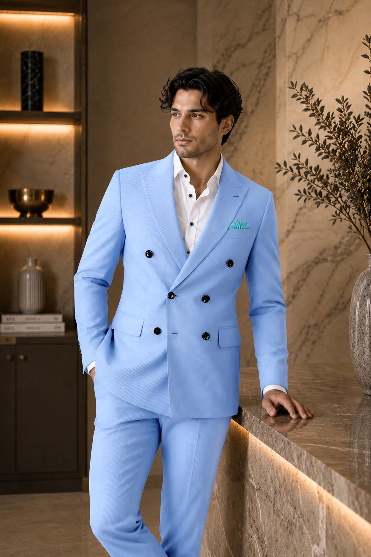 Cobalt-Jordy Blue Diamond Textured Wool Rich Slight Stretch Double Breasted Suit