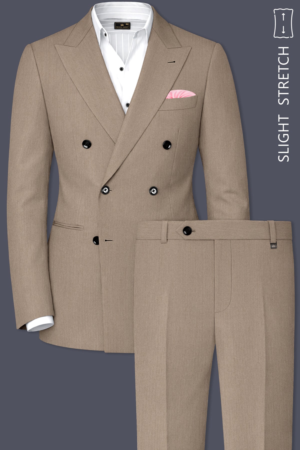 Terran-Sandrift Brown Diamond Textured Wool Rich Slight Stretch Double Breasted Suit