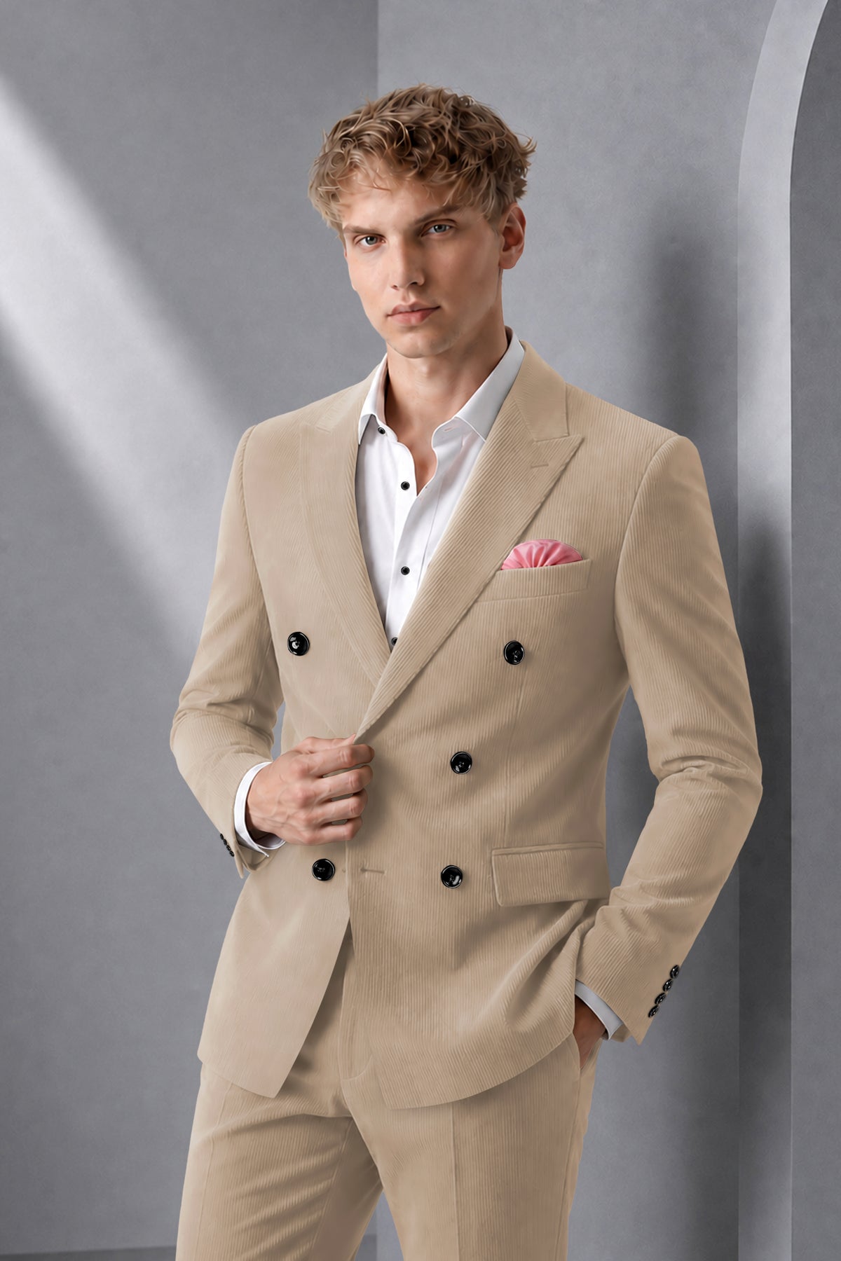 Terran-Sandrift Brown Diamond Textured Wool Rich Slight Stretch Double Breasted Suit