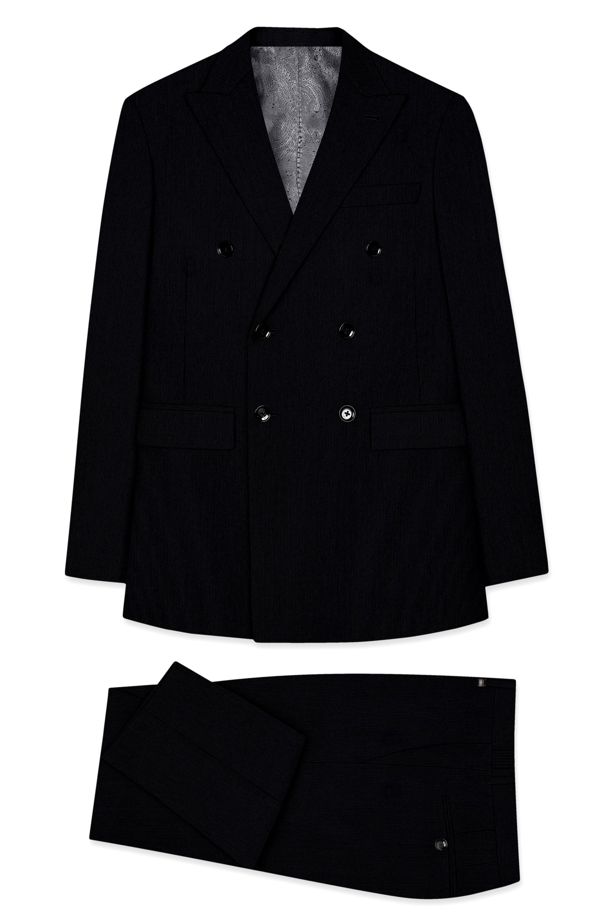 Onyx-Jade Black Diamond Textured Wool Rich Slight Stretch Double Breasted Suit