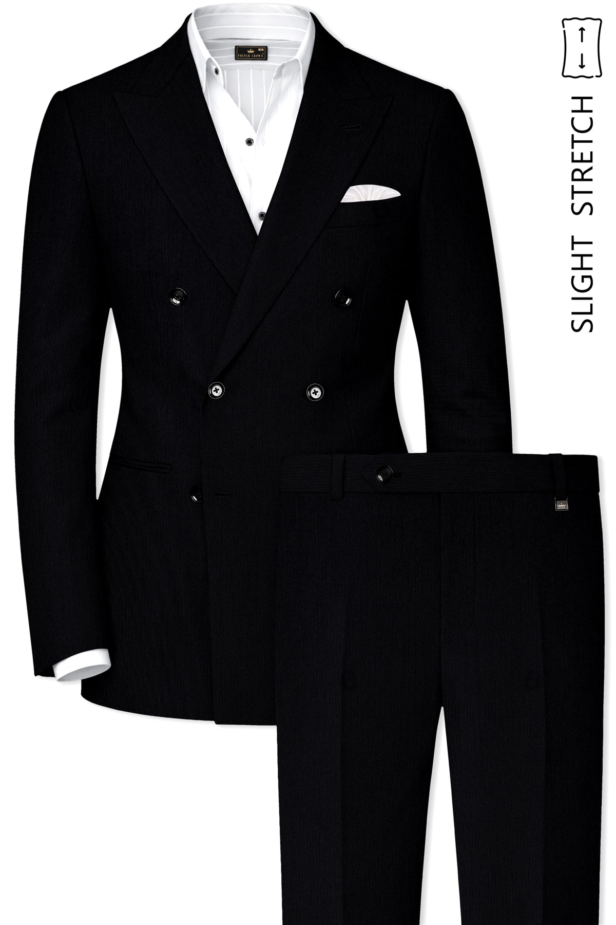 Onyx-Jade Black Diamond Textured Wool Rich Slight Stretch Double Breasted Suit