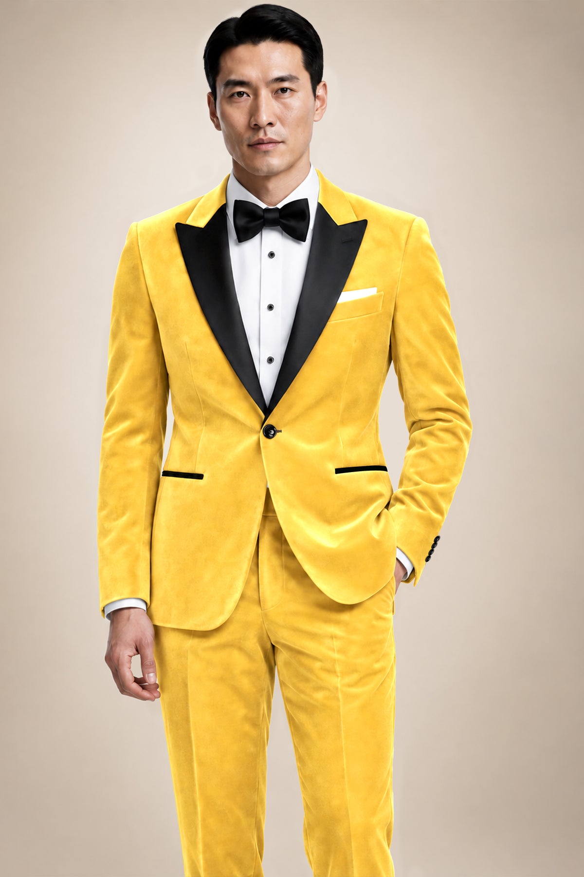 Lustre-Tulip Yellow Velvet Peak Lapel Tuxedo Suit