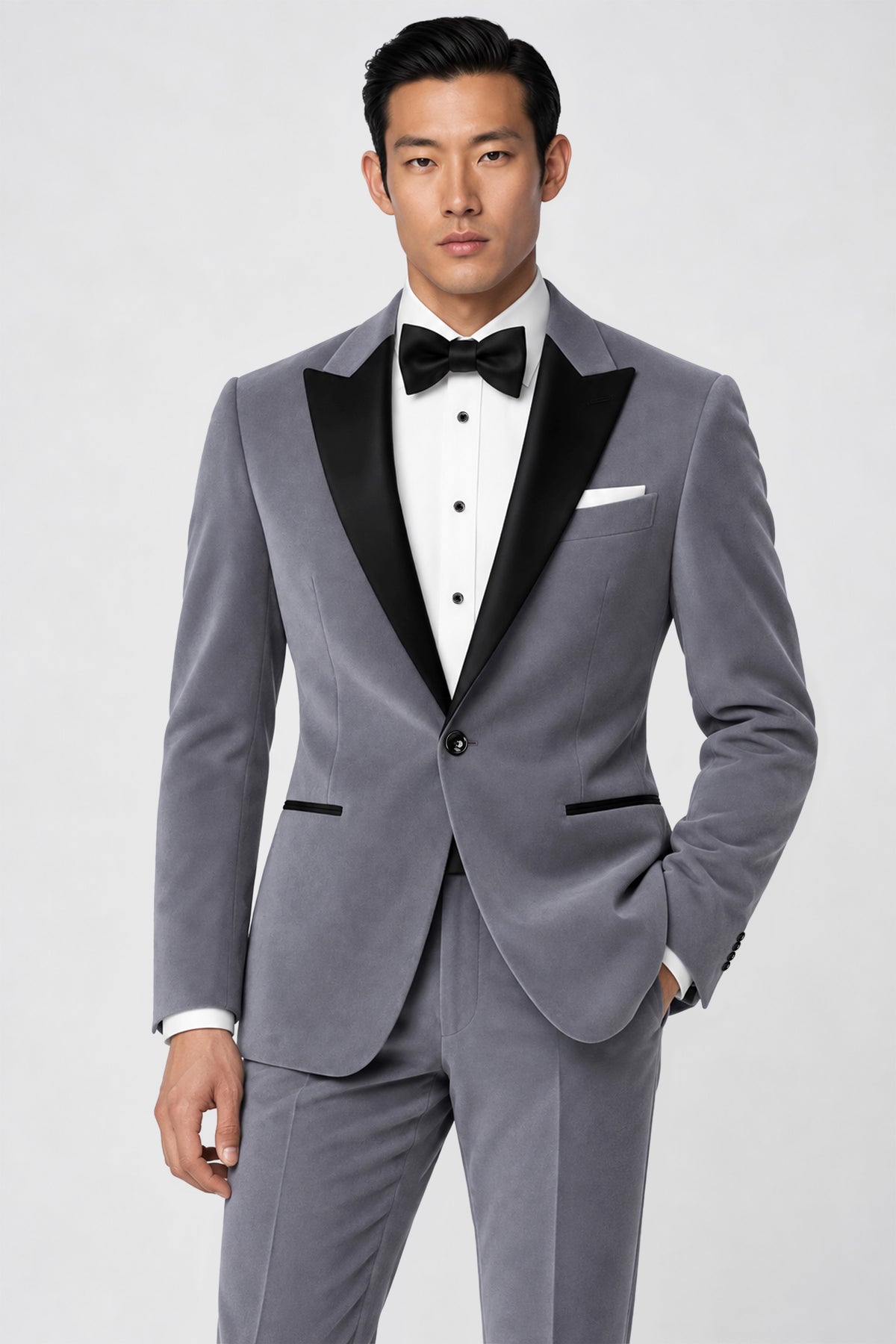 Velluto-Tuna Gray Velvet Peak Lapel Tuxedo Suit